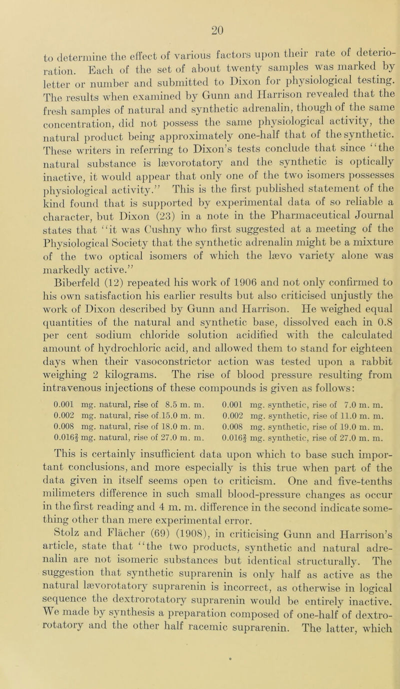 to determine the effect of various factors upon their rate of deterio- ration. Each of the set of about twenty samples was marked by letter or number and submitted to Dixon for physiological testing. The results when examined by Gunn and Harrison revealed that the fresh samples of natural and synthetic adrenalin, though of the same concentration, did not possess the same physiological activity, the natural product being approximately one-half that of the synthetic. These writers in referring to Dixon*s tests conclude that since the natural substance is laevorotatory and the synthetic is optically inactive, it would appear that only one of the two isomers possesses physiological activity.” This is the first published statement of the kind found that is supported by experimental data of so reliable a character, but Dixon (23) in a note in the Pharmaceutical Journal states that “it was Cushny who first suggested at a meeting of the Physiological Society that the synthetic adrenalin might be a mixture of the two optical isomers of which the lasvo variety alone was markedly active.” Biberfeld (12) repeated his work of 1906 and not only confirmed to his own satisfaction his earlier results but also criticised unjustly the work of Dixon described by Gunn and Harrison. He weighed equal quantities of the natural and synthetic base, dissolved each in 0.8 per cent sodium chloride solution acidified with the calculated amount of hydrochloric acid, and allowed them to stand for eighteen days when their vasoconstrictor action was tested upon a rabbit weighing 2 kilograms. The rise of blood pressure resulting from intravenous injections of these compounds is given as follows: 0.001 mg. natural, rise of 8.5 m. m. 0.001 mg. synthetic, rise of 7.0 m. m. 0.002 mg. natural, rise of.15.0 m. m. 0.002 mg. synthetic, rise of 11.0 m. m. 0.008 mg. natural, rise of 18.0 m. m. 0.008 mg. synthetic, rise of 19.0 m. m. 0.016f mg. natural, rise of 27.0 m. m. 0.016§ mg. synthetic, rise of 27.0 m. m. This is certainly insufficient data upon which to base such impor- tant conclusions, and more especially is this true when part of the data given in itself seems open to criticism. One and five-tenths milimeters difference in such small blood-pressure changes as occur in the first reading and 4 m. m. difference in the second indicate some- thing other than mere experimental error. Stolz and Flacher (69) (1908), in criticising Gunn and Harrison’s article, state that “the two products, synthetic and natural adre- nalin are not isomeric substances but identical structurally. The suggestion that synthetic suprarenin is only half as active as the natural laevorotatory suprarenin is incorrect, as otherwise in logical sequence the dextrorotatory suprarenin would be entirely inactive. We made by synthesis a preparation composed of one-half of dextro- rotatory and the other half racemic suprarenin. The latter, which