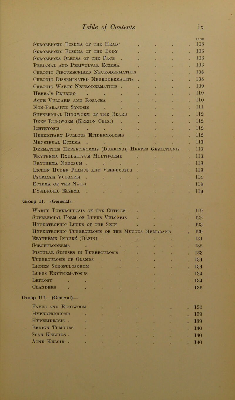 l’AGK Seborrhceic Eczema of the Head .... 105 Seborrh(eic Eczema of the Body .... 106 Seborrhcea Oleosa of the Face ..... 106 Perianal and Perivulvar Eczema .... 106 Chronic Circumscribed Neurodermatitis . . . 108 Chronic Disseminated Neurodermatitis . . . .108 Chronic Warty Neurodermatitis ..... 109 Hebra’s Prurigo . . . . . . .110 Acne Vulgaris and Rosacea . . . . .110 Non-Parasitic Sycosis . . . . . .111 Superficial Ringworm of the Beard . . . .112 Deep Ringworm (Kerion Celsi) . . . . .112 Ichthyosis . . . . . . . .112 Hereditary Bullous Epidermolysis . . . .112 Menstrual Eczema . . . . . . .113 Dermatitis Herpetiformis (Duhring), Herpes Gestationis . 113 Erythema Exudativum Multiforme . . . .113 Erythema Nodosum . . . . . . .113 Lichen Ruber Planus and Verrucosus . . . .113 Psoriasis Vulgaris . . . . . . .114 Eczema of the Nails . . . . . .118 Dysidrotic Eczema . . . . . . .119 Group II.—(General)— Warty Tuberculosis of the Cuticle . . . .119 Superficial Form of Lupus Vulgaris .... 122 Hypertrophic Lupus of the Skin .... 123 Hypertrophic Tuberculosis of the Mucous Membrane . 129 Erytheme Indur^ (Bazin) ...... 131 Scrofuloderma ....... 132 Fistular Sinuses in Tuberculosis . . . .133 Tuberculosis of Glands . . . . . .134 Lichen Scrofulosorum . . . . . .134 Lupus Erythematosus . . . . . .134 Leprosy ........ 134 Glanders ........ 136 Group III.—(General)— Favus and Ringworm ...... 136 Hypertriciiosis . . . . . .139 Hyperidrosis . . . . . . . .139 Benign Tumours . . . . . .140 Scar Keloids ........ 140 Acne Keloid ........ 140