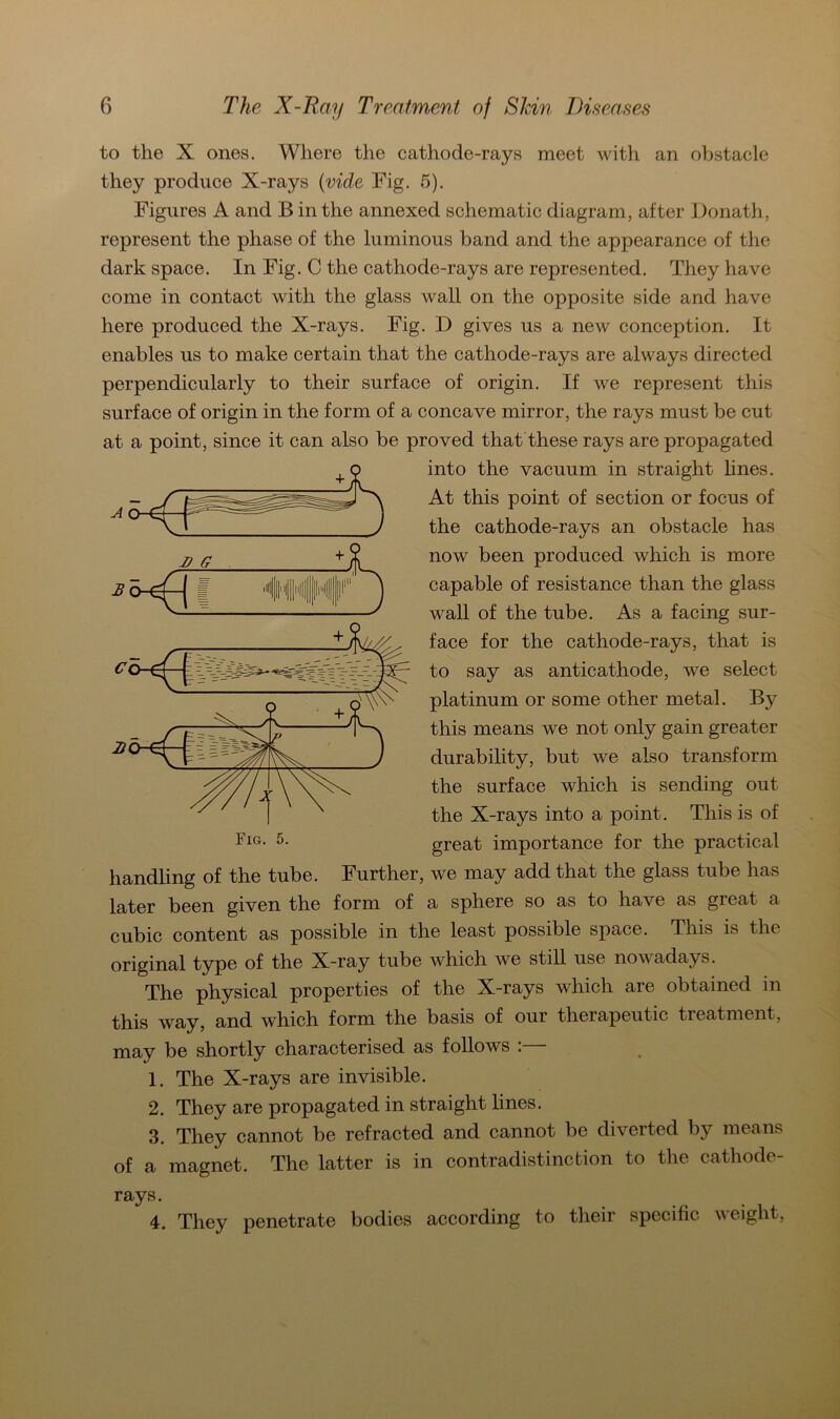 to the X ones. Where the cathode-rays meet with an obstacle they produce X-rays (viele Fig. 5). Figures A and B in the annexed schematic diagram, after Donath, represent the phase of the luminous band and the appearance of the dark space. In Fig. C the cathode-rays are represented. They have come in contact with the glass wall on the opposite side and have here produced the X-rays. Fig. D gives us a new conception. It enables us to make certain that the cathode-rays are always directed perpendicularly to their surface of origin. If we represent this surface of origin in the form of a concave mirror, the rays must be cut at a point, since it can also be proved that these rays are propagated into the vaeuum in straight lines. At this point of section or focus of the cathode-rays an obstacle has now been produced which is more capable of resistance than the glass wall of the tube. As a facing sur- face for the cathode-rays, that is to say as anticathode, we select platinum or some other metal. By this means we not only gain greater durability, but we also transform the surface which is sending out the X-rays into a point. This is of great importance for the practical liandling of the tube. Further, we may add that the glass tube has later been given the form of a sphere so as to have as great a cubic content as possible in the least possible space. This is the original type of the X-ray tube which we still use nowadays. The physical properties of the X-rays which are obtained in this way, and which form the basis of our therapeutic treatment, may be shortly characterised as follows :— 1. The X-rays are invisible. 2. They are propagated in straight lines. 3. They cannot be refracted and cannot be diverted by means of a magnet. The latter is in contradistinction to the cathode- rays 4. They penetrate bodies according to their specific weight,