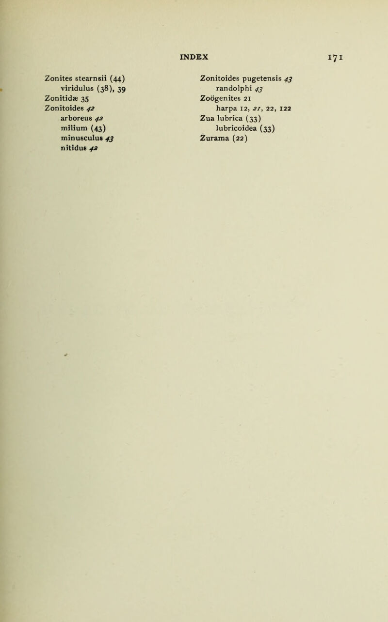 Zonites stearnsii (44) viridulus (38), 39 Zonitidae 35 Zonitoides 42 arboreus 42 milium (43) minusculus 43 nitidus 42 Zonitoides pugetensis 43 randolphi 43 Zoogenites 21 harpa 12, 21, 22, 122 Zua lubrica (33) lubricoidea (33) Zurama (22)