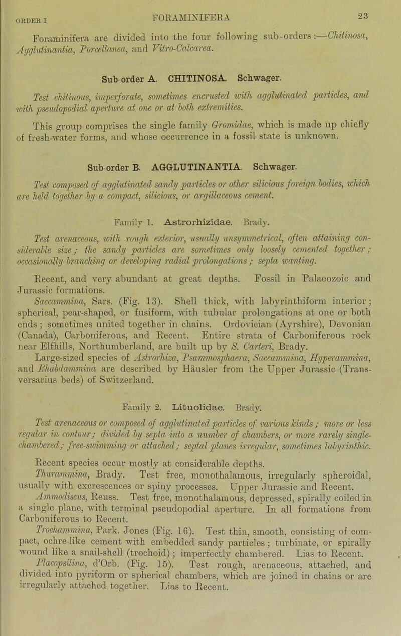 Foraminifera are divided into the four following sub-Orders:—Chitinosa, Agglutinantia, Porcellanea, and Vitro-Calcarea. Sub-order A. CHITINOSA. Schwager. Test chitinous, imperforate, sometimes encrusted with aggluiinated particles, and icitli pseudopodial aperture at one or at both extremities. This group comprises the single family Gromidae, which is made up chiefly of fresh-water forms, and whose occurrence in a fossil state is nnknown. Sub-order B. AGGLUTINANTIA. Schwager. 'Test composed of aggluiinated sandy partides or other silicious foreign bodies, which are held together by a compact, silicious, or argillaceous cement. Family 1. Astrorhizidae. Brady. Test arenaceous, with rough exterior, usually unsymmetrical, often attaining con- siderable size; the sandy partides are sometimes only loosely cemented together; occasionally branching or developing radial prolongations ; septa wanting. Recent, and very abundant at great depths. Fossil in Palaeozoic and Jurassic formations. Saccammina, Sars. (Fig. 13). Shell thick, with labyrinthiform interior; spherical, pear-shaped, or fusiform, with tubulär prolongations at one or both ends; sometimes united together in chains. Ordovician (Ayrshire), Devonian (Canada), Carboniferous, and Recent. Entire strata of Carboniferous rock near Elfhills, Northumberland, are built up by S. Carteri, Brady. Large-sized species of Astrorhiza, Psammosphaera, Saccammina, Hyperammina, and Bhabdammina are described by Häusler from the Upper Jurassic (Trans- versarius beds) of Switzerland. Family 2. Lituolidae. Brady. Test arenaceous or composed of aggluiinated partides of various Jcinds ; more or less regulär in contour; divided by septa into a number of chambers, or more rarely single- chambered; free-swimming or attached; septal planes irregulär, sometimes labyrinthic. Recent species occur mostly at considerable depths. Thurammina, Brady. Test free, monothalamous, irregularly spheroidal, usually with excrescences or spiny processes. Upper Jurassic and Recent. Ammodiscus, Reuss. Test free, monothalamous, depressed, spirally coiled in a single plane, with terminal pseudopodial aperture. In all formations from Carboniferous to Recent. frochammina, Park. Jones (Fig. 16). Test thin, smooth, consisting of com- pact, ochre-like cement with embedded sandy particles; turbinate, or spirally wound like a snail-shell (trochoid); imperfectly chambered. Lias to Recent. Placopsilina, d’Orb. (Fig. 15). Test rough, arenaceous, attached, and divided into pyriform or spherical chambers, which are joined in chains or are irregularly attached together. Lias to Recent.