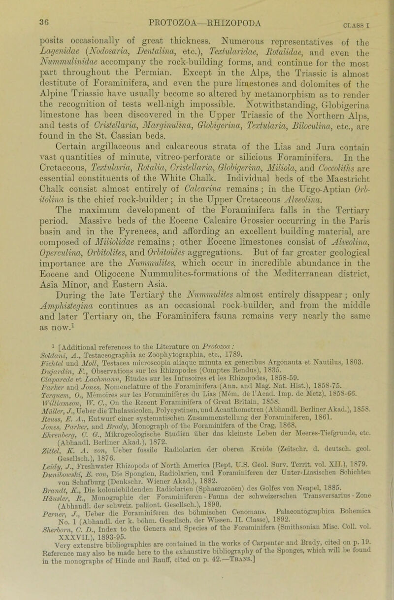 CLASSi posits occasionally of great thickness. Numerous representatives of the Lagenidae (Nodosaria, Dentalina, etc.), Textularidae, Jtotalidae, and even the Nummidinidae accompany the rock-building forms, and continue for the most part throughout the Permian. Except in the Alps, the Triassic is almost destitute of Foraminifera, and even the pure limestones and dolomites of the Alpine Triassic have usually become so altered by metamorphism as to render the recognition of tests well-nigh impossible. Notwithstanding, Globigerina limestone has been discovered in the Upper Triassic of the Northern Alps, and tests of Cristellaria, Margimüina, Globigerina, Textularia, Biloculina, etc., are found in the St. Cassian beds. Certain argillaceous and calcareous strata of the Lias and Jura contain vast quantities of minute, vitreo-perforate or silicious Foraminifera. In the Cretaceous, Textularia, Rotalia, Cristellaria, Globigerina, Miliola, and Coccoliths are essential constituents of the White Chalk. Individual beds of the Maestricht Chalk consist almost entirely of Calcarina remains; in the Urgo-Aptian Orb- it olina is the chief rock-builder; in the Upper Cretaceous Älveolina. The maximum development of the Foraminifera falls in the Tertiary period. Massive beds of the Eocene Calcaire Grossier occurring in the Paris basin and in the Pyrenees, and affording an excellent building material, are composed of Miliolidae remains ; other Eocene limestones consist of Älveolina, Operculina, Orbitolites, and Orbitoüles aggregations. But of far greater geological importance are the Nummulites, which occur in incredible abundance in the Eocene and Oligocene Nummulites-formations of the Mediterranean district, Asia Minor, and Eastern Asia. Düring the late Tertiary the Nummulites almost entirely disappear; only Amphistegina continues as an occasional rock-builder, and from the middle and later Tertiary on, the Foraminifera fauna remains very nearly the same as now.1 1 [Additional references to the Literature on Protozoa: Soldani, A., Testaceographia ac Zoopliytographia, etc., 1789. Fichtel und Moll, Testacea microscopia aliaque minuta ex generibus Argonauta et Nautilus, 1S03. Dujardin, F., Observations sur les Rhizopodes (Comptes Rendus), 1835. Olaparede et Lachmann, Etudes sur les Infusoires et les Rhizopodes, 1858-59. Parker and Jones, Nomenclature of the Foraminifera (Ann. and Mag. Nat. Hist.), 1858-75. Terquem, 0., Memoires sur les Foraminiferes du Lias (Möm. de l’Acad. Imp. de Metz), 1858-66. Williamsou, W. C., On the Recent Foraminifera of Great Britain, 1858. Müller, J-, Ueber die Thalassicolen, Polycystiueu.und Acantliometren (Abhandl. Berliner Akad.), 185S. Peitss, E. A., Entwurf einer systematischen Zusammenstellung der Foraminiferen, 1861. Jones, Parker, and Brady, Monograph of the Foraminifera of the Crag, 1868. Ehrenberg, C. G., Mikrogeologische Studien über das kleinste Leben der Meeres-Tiefgrunde, etc. (Abhandl. Berliner Akad.), 1872. Zittel, K. A. von, Ueber fossile Radiolarien der oberen Kreide (Zeitschr. d. deutsch, geol. Gesellsch.), 1876. Leidy, ./., Fresliwater Rhizopods of North America (Rept. U.S. Geol. Surv. Territ. vol. XII.), 18(9. Duniboxcski, E. von, Die Spongien, Radiolarien, und Foraminiferen der Unter-Liasischen Schichten von Schafburg (Denkschr. Wiener Akad.), 1882. Brandt, K., Die koloniebildenden Radiolarien (Sphaerozoceu) des Golfes von Neapel, 1885. Häusler, B., Monographie der Foraminiferen - Fauna der schweizerschen Transversarius - Zone (Abhandl. der Schweiz, paliiont. Gesellsch.), 1890. Pemer, Ueber die Foraminiferen des böhmischen Ceuomans. Palaeontographica Bohemica No. 1 (Abhandl. der k. böhm. Gesellsch. der Wissen. II. Classe), 1892. Sherborn, C. D., Index to the Genera and Species of the Foraminifera (Smithsonian Mise. Coli. vol. XXXVII.),’ 1893-95. „ Very extensive bibliographies are contained in the works of Carpenter and Brady, cited on p. 19. Reference may also be made here to the exliaustive bibliography of the Sponges, which will be found in the monograpbs of Hinde and Rauff, cited on p. 42. Trans.]