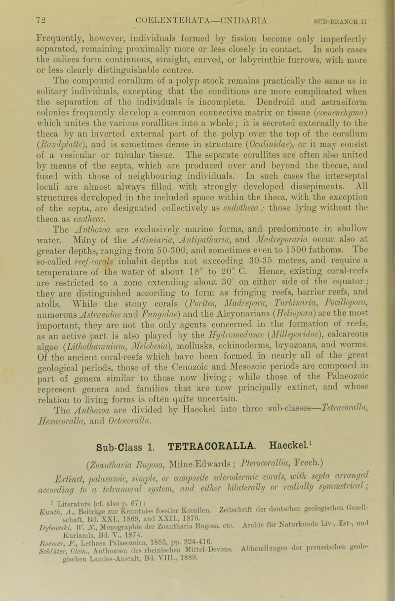 Frequently, however, individuals formed by fission become only imperfectly separated, remaining proximally more or less closely in contact. In such cases the calices form continuous, straight, curved, or labyrinthic furrows, with more or less clsarly distinguishable centres. The compound corallum of a polyp stock remains practically the same as in solitary individuals, excepting that the conditions are more complicated when the Separation of the individuals is incomplete. Dendroid and astraeiform colonies frequently develop a common connective matrix or tissue (coenenchyma) which unites the various corallites into a whole; it is secreted externally to the theca by an inverted external part of the polyp over the top of the corallum (Randplatte), and is sometimes dense in structure (Oculinidae), or it may consist of a vesicular or tubulär tissue. The separate corallites are often also United by means of the septa, which are produced over and beyond the thecae, and fused with those of neighbouring individuals. In such cases the interseptal loculi are almost always filled with strongly developed dissepiments. All structures developed in the included space with in the theca, with the exception of the septa, are designated collectively as endotheca; those lying without the theca as exotheca. The Antliozoa are exclusively marine forrns, and predominate in shallow water. Mitny of the Adiniaria, Antipatharia, and Madrepomria occur also at greater depths, ranging from 50-300, and sometimes even to 1500 fathoms. The so-called reef-corals inhabit depths not exceeding 30-35 metres, and require a temperature of the water of about 18° to 20° C. Hence, existing coral-reefs are restricted to a zone extending about 30° on either side of the equator: they are distinguished according to form as fringing reefs, barrier reefs, and atolls. AVhile the stony corals (Pontes, Madrepora, Turbinaria, Poällopora, numerous Astraeidae and Fungidae) and the Alcyonarians (Heliopora) are the most important, they are not the. only agents concerned in t he formation of reefs, as an active part is also played by the Hydromedusae (Mdleporidae), calcareous algae (Lithothamniuin, Melobesia), mollusks, echinoderms, bryozoans, and worms. Of the ancient coral-reefs which have been formed in nearly all of the great geological periods, those of the Cenozoic and Mesozoie periods are comjiosed in part of genera similar to those now living; while those of the Palaeozoic represent genera and families that are now principally extinct, and \\ hose relation to living forms is often quite uncei’tain. The Antliozoa are divided by Haeckel into three sub-classes—Tetracoralla, Hexacoralla, and Odocoralla. Sub-Class 1. TETRACORALLA. Haeckel.1 (Zoantliaria Eugosa, Milne-Edwards; Pterocorallia, Frech.) Extind, palaeozoic, simple, or composite scleroderrnic corals, with septa arranged according to a tetrameral System, and either bilaterally or radially symmdrical, 1 Literature (cf. also p. 67) : , , , , . . , r, Kunth, A., Beiträge zur Kenntnis.« fossiler Korallen. Zeitschrift der deutschen geologischen Gesell- schaft, Bd. XXI., 1869, and XXII., 1870. . , , T. P , , Dybowski, II'. N., Monographie der Zoantliaria Rugosa, etc. Archiv für Raturkunde Ln-, Est-, Kurlands, Bd. V., 1874. Roemer, F., Lethaea Palaeozoica, 1883, pp. 324-416. . , i. Schlüter, Clem., Anthozoen des rheinischen Mittel-Devons. Abhandlungen der preussischen geolo gischen Laiules-Anstalt, Bd. t III., 1889.