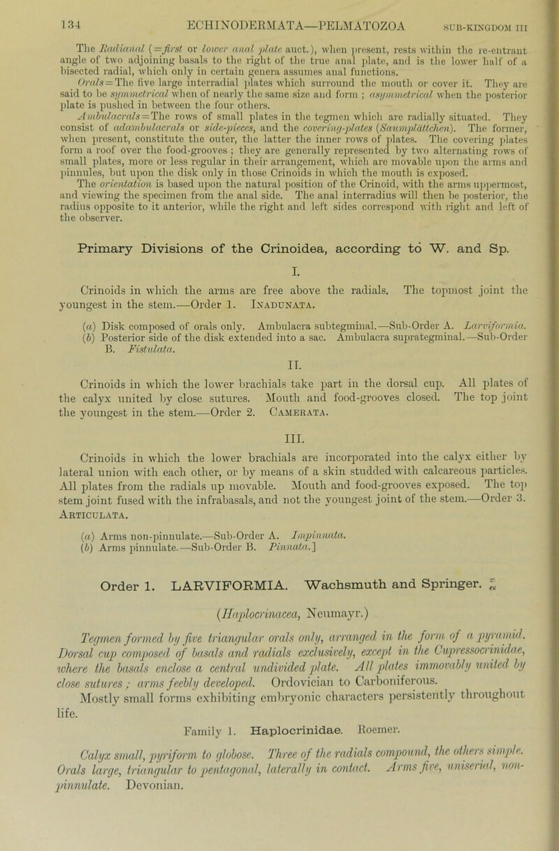 The Jiadianal (= first or lower utud plate auct.), when present, rests witliin the re-entraut angle of two adjoining basals to the right of the true anal plate, and is the lower half of a bisected radial, whicli only in certain genera assumes anal functions. Ora&=The five large interradial plates wliicli surround the mouth or cover it. Tliey are said to he symmetrical when of nearly the same size and form ; nsymmetrica! when the posterior plate is puslied in between the four others. Ambulacrals=The rows of small plates in the tegmen whicli are radially situated. They consist of adambulacrals or side-pieces, and the coveri/ng-plates (SaumpläÜchen). The foimer, when present, constitute the outer, the latter the inner rows of plates. The covering plates form a roof over the food-grooves ; they are generally represented by two alternating rows of small plates, more or less regulär in their arrangement, whicli are niovable upon che aims and pinnules, but upon the disk only in tliose Crinoids in whicli the mouth is exposed. The Orientation is based upon the natural position of the Crinoid, with the arms nppermost, and viewing the specimeu from the anal side. The anal interradius will tlien be posterior, the radius opposite to it anterior, while the right and left sides correspond with right and left of the observer. Primary Divisions of the Crinoidea, according to W. and Sp. I. Crinoids in whicli the arms are free above the radials. The topmost joint tlie youngest in the stem.—Order 1. Inadunata. (a) Disk composed of orals only. Ambulacra subtegminal.—Sub-Order A. Larviformia. (b) Posterior side of the disk extended into a sac. Ambulacra suprategminal.—Sub-Order B. Fistulata. II. Crinoids in wliich the lower brachiala talce part in the dorsal cup. All plates of the calyx united by close sutures. Mouth and food-grooves closed. The top joint the youngest in the stem.—Order 2. Camerata. III. Crinoids in which the lower bracliials are incorporated into the calyx eitlier by lateral Union with each otlier, or by means of a skin studdedwitli calcareous particles. All plates from the radials up movable. Mouth and food-grooves exposed. The top stem joint fused with the infrabasals, and not the youngest joint of the stem.—Order 3. Articulata. (ft) Arms non-pinnulate.—Sub-Order A. hnpinnala. (b) Arms pinnulate.—Sub-Order B. Pinnala. ] Order 1. LARVIFORMIA. Wachsmuth and Springer. * (.Ilaplocrinacea, Neumayr.) Tegmen formed by five triangulär orals only, arranged in the form of a pyramid. Darsal cup composed of basals and radials exclusively, except in tlie Cupressocrinidae, where the basals endlose a central undivided plate. All plates imnwvably United by dose sutures ; arms feebly developed. Ordovician to Carboniferous. Mostly small forms exhibiting embryonic characters persistently throughout life. Family 1. Haplocrinidae. Roemer. Calyx small, pyriform to glöbose. Three of the radials compound, the others simple. Orals large, triangulär to pentagonal, /ateral/y in contact. Arms five, uniscnaJ, non- pinnulate. Devonian.