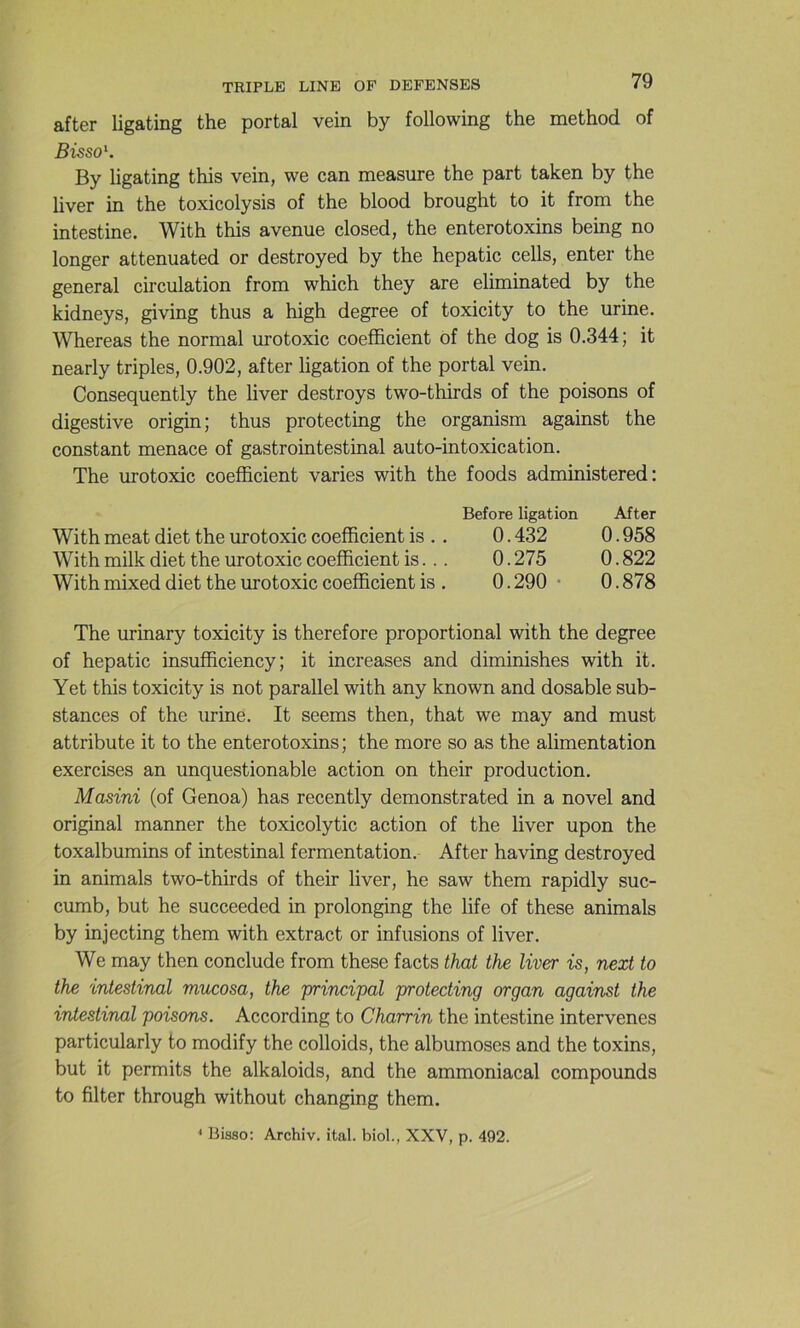 after ligating the portai vein by following the method of 5isso*. By ligating this vein, we can measure the part taken by the liver in the toxicolysis of the blood brought to it from the intestine. With this avenue closed, the enterotoxins being no longer attenuated or destroyed by the hepatic cells, enter the general circulation from which they are eliminated by the kidneys, giving thus a high degree of toxicity to the urine. Whereas the normal urotoxic coefficient of the dog is 0.344; it nearly triples, 0.902, after ligation of the portai vein. Consequently the liver destroys two-thirds of the poisons of digestive origin; thus protecting the organism against the constant menace of gastrointestinal auto-intoxication. The urotoxic coefficient varies with the foods administered : Before ligation After With méat diet the urotoxic coefficient is .. 0.432 0.958 With milk diet the urotoxic coefficient is... 0.275 0.822 With mixed diet the urotoxic coefficient is . 0.290 • 0.878 The urinary toxicity is therefore proportional with the degree of hepatic insufficiency; it increases and diminishes with it. Yet this toxicity is not parallel with any known and dosable sub- stances of the urine. It seems then, that we may and must attribute it to the enterotoxins ; the more so as the alimentation exercises an unquestionable action on their production. Masini (of Genoa) has recently demonstrated in a novel and original manner the toxicolytic action of the liver upon the toxalbumins of intestinal fermentation. After having destroyed in animais two-thirds of their liver, he saw them rapidly suc- cumb, but he succeeded in prolonging the life of these animais by injecting them with extract or infusions of liver. We may then conclude from these facts that the liver is, next to the intestinal mucosa, the principal protecting organ against the intestinal poisons. According to Charrin the intestine intervenes particularly to modify the colloids, the albumoses and the toxins, but it permits the alkaloids, and the ammoniacal compounds to filter through without changing them. ‘ Bisso: Archiv. ital. biol., XXV, p. 492.