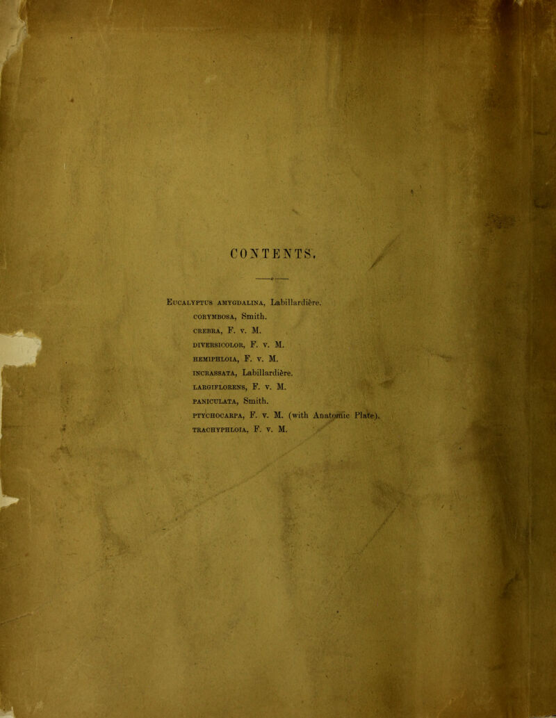 CONTENTS. / Eucalyptus amygdalina, Labillardi£re. corymbosa, Smith. CREBRA, F. Y. M. DIVERSICOLOR, F. Y. M. HEMIPHLOIA, F. V. M. incrassata, Labillardifere. LARGIFLORENS, F. V. M. i , 1 paniculata, Smith. ptychocarpa, F. v. M. (with Anatomic Plate). TRACHYPHLOIA, F. V. M.