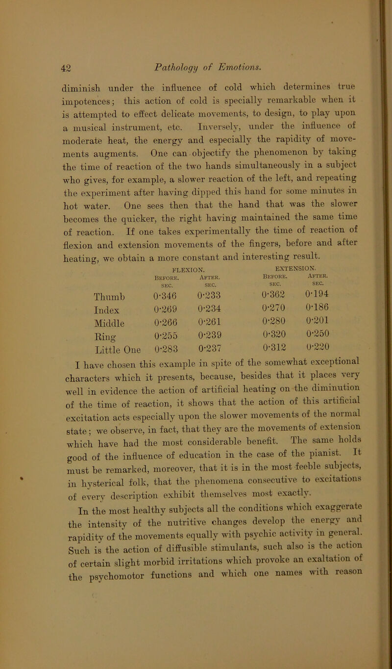 diminish, under the influence of cold which determines true impotences; this action of cold is specially remarkable when it is attempted to effect delicate movements, to design, to play upon a musical instrument, etc. Inversely, under the influence of moderate heat, the energy and especially the rapidity of move- ments augments. One can objectify the phenomenon by taking the time of reaction of the two hands simultaneously in a subject who gives, for example, a slower reaction of the left, and repeating the experiment after having dipped this hand for some minutes in hot water. One sees then that the hand that was the slower becomes the quicker, the right having maintained the same time of reaction. If one takes experimentally the time of reaction of flexion and extension movements of the fingers, before and after heating, we obtain a more constant and interesting result. FLEXION. EXTENSION. Thumb Before. sec. 0-346 After. sec. 0-233 Before. sec. 0-362 After. sec. 0-194 Index 0-269 0-234 0-270 0-186 Middle 0-266 0-261 0-280 0-201 Ring 0-255 0-239 0-320 0-250 Little One 0-283 0-237 0-312 0-220 I have chosen this example in spite of the somewhat exceptional characters which it presents, because, besides that it places very well in evidence the action of artificial heating on the diminution of the time of reaction, it shows that the action of this artificial excitation acts especially upon the slower movements of the normal state ; we observe, in fact, that they are the movements of extension which have had the most considerable benefit. The same holds good of the influence of education in the case of the pianist. It must be remarked, moreover, that it is in the most feeble subjects, in hysterical folk, that the phenomena consecutive to excitations of every description exhibit themselves most exactly. In the most healthy subjects all the conditions which exaggerate the intensity of the nutritive changes develop the energy and rapidity of the movements equally with psychic activity m general. Such is the action of diffusible stimulants, such also is the action of certain slight morbid irritations which provoke an exaltation of the psychomotor functions and which one names with reason