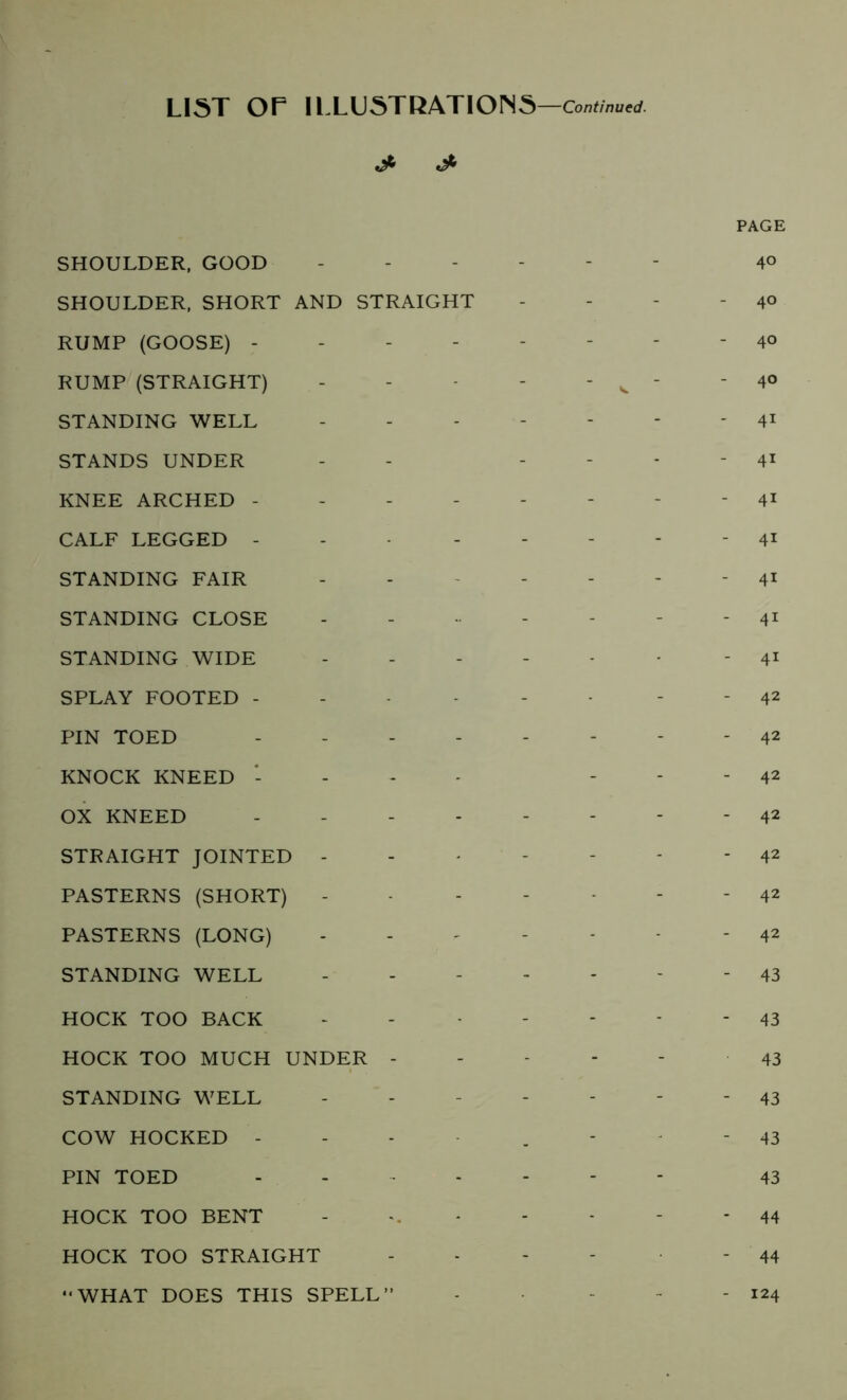 LIST or ILLUSTRATIONS —Continued. SHOULDER, GOOD SHOULDER, SHORT AND STRAIGHT RUMP (GOOSE) - - - RUMP (STRAIGHT) STANDING WELL STANDS UNDER KNEE ARCHED - CALF LEGGED - STANDING FAIR STANDING CLOSE STANDING WIDE SPLAY FOOTED - PIN TOED .... KNOCK KNEED - OX KNEED .... STRAIGHT JOINTED - PASTERNS (SHORT) PASTERNS (LONG) STANDING WELL HOCK TOO BACK HOCK TOO MUCH UNDER - STANDING WELL COW HOCKED - PIN TOED .... HOCK TOO BENT HOCK TOO STRAIGHT PAGE 4° - 40 - 40 - 40 ' 4i - 41 - 4i - 4i - 4i - 41 - 4i - 42 - 42 - 42 - 42 - 42 - 42 - 42 - 43 - 43 43 - 43 - 43 43 - 44 - 44