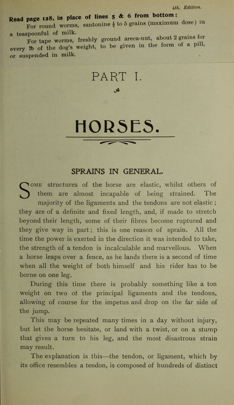 For round worms, Uth. Edition. of lines 5 & 6 from bottom: santonine i to 5 grains (maximum dose) in a teaspoonful of milk. For tape worms, freshly ground areca-nut, about 2 grains foi every lb of the dog’s weight, to he given in the form of a pill, or suspended in milk. PART I. .j* HORSES. SPRAINS IN GENERAL, Some structures of the horse are elastic, whilst others of them are almost incapable of being strained. The majority of the ligaments and the tendons are not elastic; they are of a definite and fixed length, and, if made to stretch beyond their length, some of their fibres become ruptured and they give way in part; this is one reason of sprain. All the time the power is exerted in the direction it was intended to take, the strength of a tendon is incalculable and marvellous. When a horse leaps over a fence, as he lands there is a second of time when all the weight of both himself and his rider has to be borne on one leg. During this time there is probably something like a ton weight on two ot the principal ligaments and the tendons, allowing of course for the impetus and drop on the far side of the jump. This may be repeated many times in a day without injury, but let the horse hesitate, or land with a twist, or on a stump that gives a turn to his leg, and the most disastrous strain may result. The explanation is this—the tendon, or ligament, which by its office resembles a tendon, is composed of hundreds of distinct