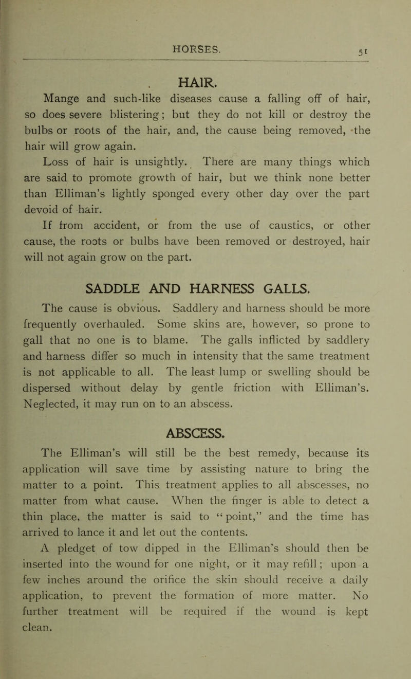 5i HAIR. Mange and such-like diseases cause a falling off of hair, so does severe blistering; but they do not kill or destroy the bulbs or roots of the hair, and, the cause being removed, the hair will grow again. Loss of hair is unsightly. There are many things which are said to promote growth of hair, but we think none better than Elliman’s lightly sponged every other day over the part devoid of hair. If from accident, or from the use of caustics, or other cause, the roots or bulbs have been removed or destroyed, hair will not again grow on the part. SADDLE AND HARNESS GALLS. The cause is obvious. Saddlery and harness should be more frequently overhauled. Some skins are, however, so prone to gall that no one is to blame. The galls inflicted by saddlery and harness differ so much in intensity that the same treatment is not applicable to all. The least lump or swelling should be dispersed without delay by gentle friction with Elliman’s. Neglected, it may run on to an abscess. ABSCESS. The Elliman’s will still be the best remedy, because its application will save time by assisting nature to bring the matter to a point. This treatment applies to all abscesses, no matter from what cause. When the finger is able to detect a thin place, the matter is said to “ point,” and the time has arrived to lance it and let out the contents. A pledget of tow dipped in the Elliman’s should then be inserted into the wound for one nig-ht, or it may refill; upon a few inches around the orifice the skin should receive a daily application, to prevent the formation of more matter. No further treatment will be required if the wound is kept clean.