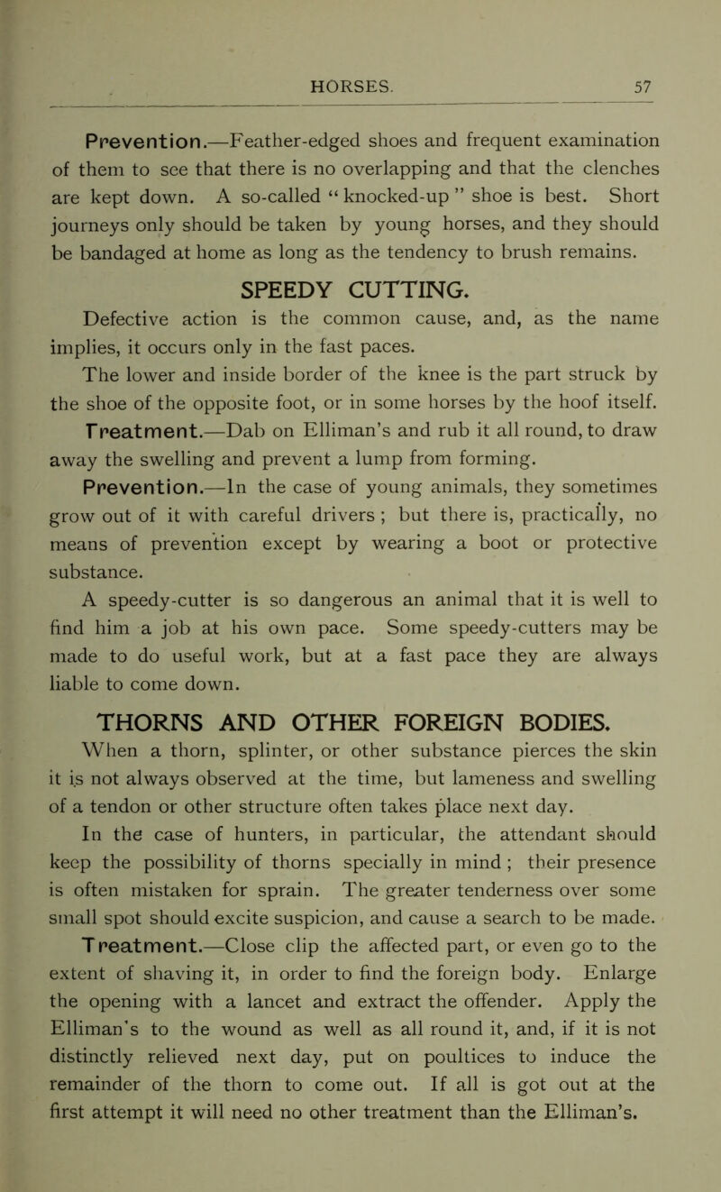 Prevention.—Feather-edged shoes and frequent examination of them to see that there is no overlapping and that the clenches are kept down. A so-called “ knocked-up ” shoe is best. Short journeys only should be taken by young horses, and they should be bandaged at home as long as the tendency to brush remains. SPEEDY CUTTING, Defective action is the common cause, and, as the name implies, it occurs only in the fast paces. The lower and inside border of the knee is the part struck by the shoe of the opposite foot, or in some horses by the hoof itself. Treatment.—Dab on Elliman’s and rub it all round, to draw away the swelling and prevent a lump from forming. Prevention.—In the case of young animals, they sometimes grow out of it with careful drivers ; but there is, practically, no means of prevention except by wearing a boot or protective substance. A speedy-cutter is so dangerous an animal that it is well to find him a job at his own pace. Some speedy-cutters may be made to do useful work, but at a fast pace they are always liable to come down. THORNS AND OTHER FOREIGN BODIES, When a thorn, splinter, or other substance pierces the skin it is not always observed at the time, but lameness and swelling of a tendon or other structure often takes place next day. In the case of hunters, in particular, the attendant should keep the possibility of thorns specially in mind ; their presence is often mistaken for sprain. The greater tenderness over some small spot should excite suspicion, and cause a search to be made. Treatment.—Close clip the affected part, or even go to the extent of shaving it, in order to find the foreign body. Enlarge the opening with a lancet and extract the offender. Apply the Elliman’s to the wound as well as all round it, and, if it is not distinctly relieved next day, put on poultices to induce the remainder of the thorn to come out. If all is got out at the first attempt it will need no other treatment than the Elliman’s.