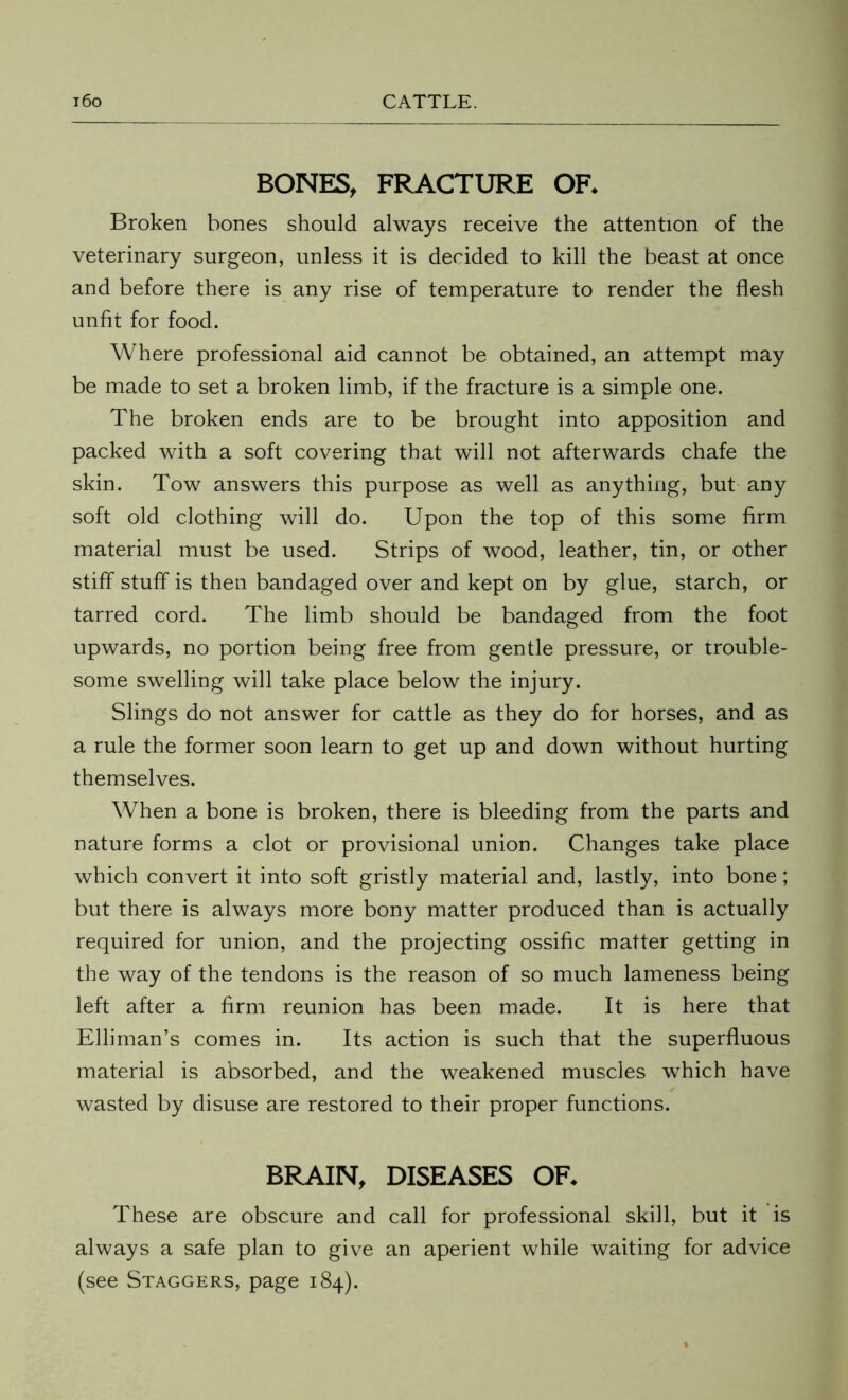 BONES, FRACTURE OF* Broken bones should always receive the attention of the veterinary surgeon, unless it is decided to kill the beast at once and before there is any rise of temperature to render the flesh unfit for food. Where professional aid cannot be obtained, an attempt may be made to set a broken limb, if the fracture is a simple one. The broken ends are to be brought into apposition and packed with a soft covering that will not afterwards chafe the skin. Tow answers this purpose as well as anything, but any soft old clothing will do. Upon the top of this some firm material must be used. Strips of wood, leather, tin, or other stiff stuff is then bandaged over and kept on by glue, starch, or tarred cord. The limb should be bandaged from the foot upwards, no portion being free from gentle pressure, or trouble- some swelling will take place below the injury. Slings do not answer for cattle as they do for horses, and as a rule the former soon learn to get up and down without hurting themselves. When a bone is broken, there is bleeding from the parts and nature forms a clot or provisional union. Changes take place which convert it into soft gristly material and, lastly, into bone; but there is always more bony matter produced than is actually required for union, and the projecting ossific matter getting in the way of the tendons is the reason of so much lameness being left after a firm reunion has been made. It is here that Elliman’s comes in. Its action is such that the superfluous material is absorbed, and the weakened muscles which have wasted by disuse are restored to their proper functions. BRAIN, DISEASES OF* These are obscure and call for professional skill, but it is always a safe plan to give an aperient while waiting for advice (see Staggers, page 184).