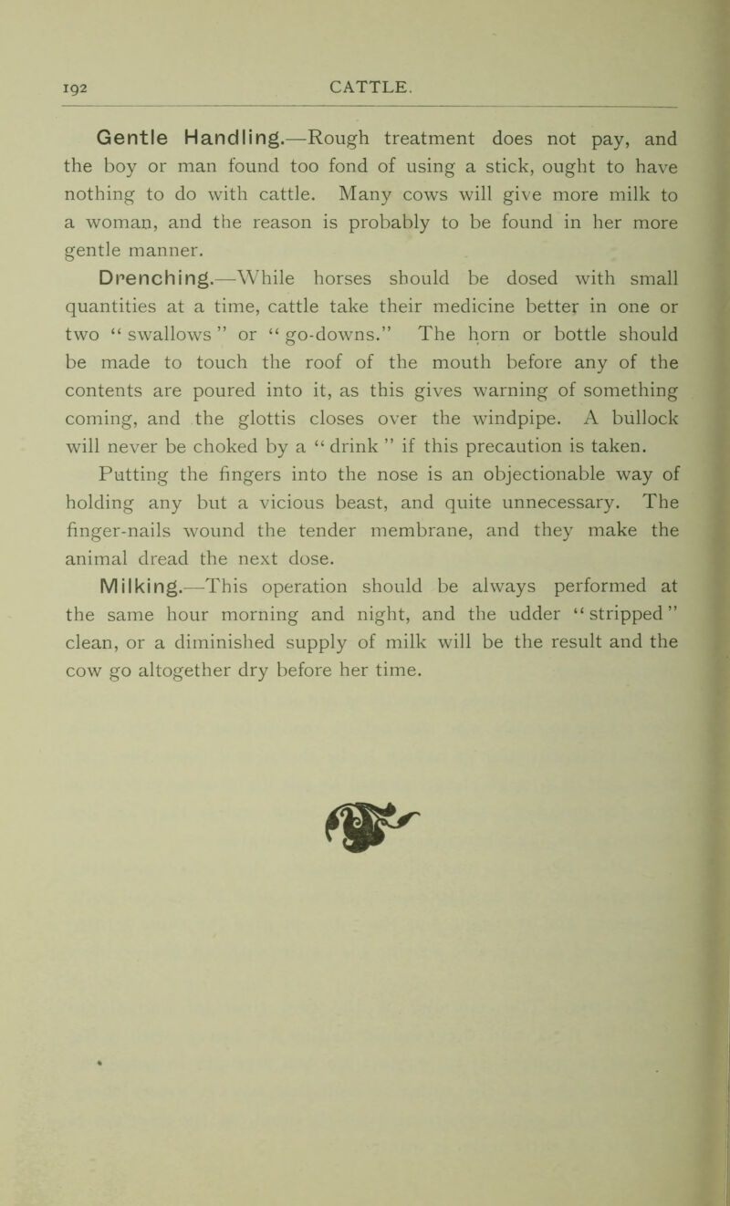 ig2 Gentle Handling.—Rough treatment does not pay, and the boy or man found too fond of using a stick, ought to have nothing to do with cattle. Many cows will give more milk to a woman, and the reason is probably to be found in her more gentle manner. Drenching.—-While horses should be dosed with small quantities at a time, cattle take their medicine better in one or two “ swallows ” or “ go-downs.” The horn or bottle should be made to touch the roof of the mouth before any of the contents are poured into it, as this gives warning of something coming, and the glottis closes over the windpipe. A bullock will never be choked by a “ drink ” if this precaution is taken. Putting the fingers into the nose is an objectionable way of holding any but a vicious beast, and quite unnecessary. The finger-nails wound the tender membrane, and they make the animal dread the next dose. Milking.—This operation should be always performed at the same hour morning and night, and the udder “stripped” clean, or a diminished supply of milk will be the result and the cow go altogether dry before her time. #9^