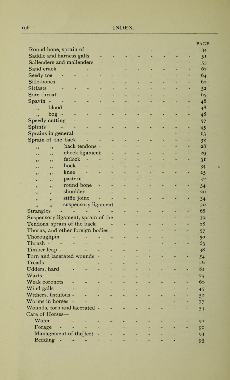 Round bone, sprain of - Saddle and harness galls Sallenders and mallenders Sand crack Seedy toe • Side-bones Sitfasts Sore throat - Spavin ------ ,, blood - „ bog - Speedy cutting - - - - Splints - Sprains in general Sprain of the back - ,, ,, back tendons - ,, ,, check ligament ,, ,, fetlock - - - ,, .. hock - ,, ,, knee ,, ,, pastern - ,, ,, round bone ,, ,, shoulder ,, ,, stifle joint ,, ,, suspensory ligament Strangles - - - - - Suspensory ligament, sprain of the Tendons, sprain of the back Thorns, and other foreign bodies - Thoroughpin - Thrush ------ Timber leap ----- Torn and lacerated wounds - Treads - - - - - Udders, hard .... Warts ------ Weak coronets - Wind-galls - - - - - Withers, fistulous - Worms in horses - Wounds, torn and lacerated - Care of Horses— Water ----- Forage - Management of the'feet - Bedding PAGE 34 51 55 62 •64 60 52 65 48 48 48 57 45 13 32 28 29 31 34 25 32 34 20 34 30 68 30 28 57 50 63 38 54 5& 8r 79 60 45 52 77 54 90 91 93 93