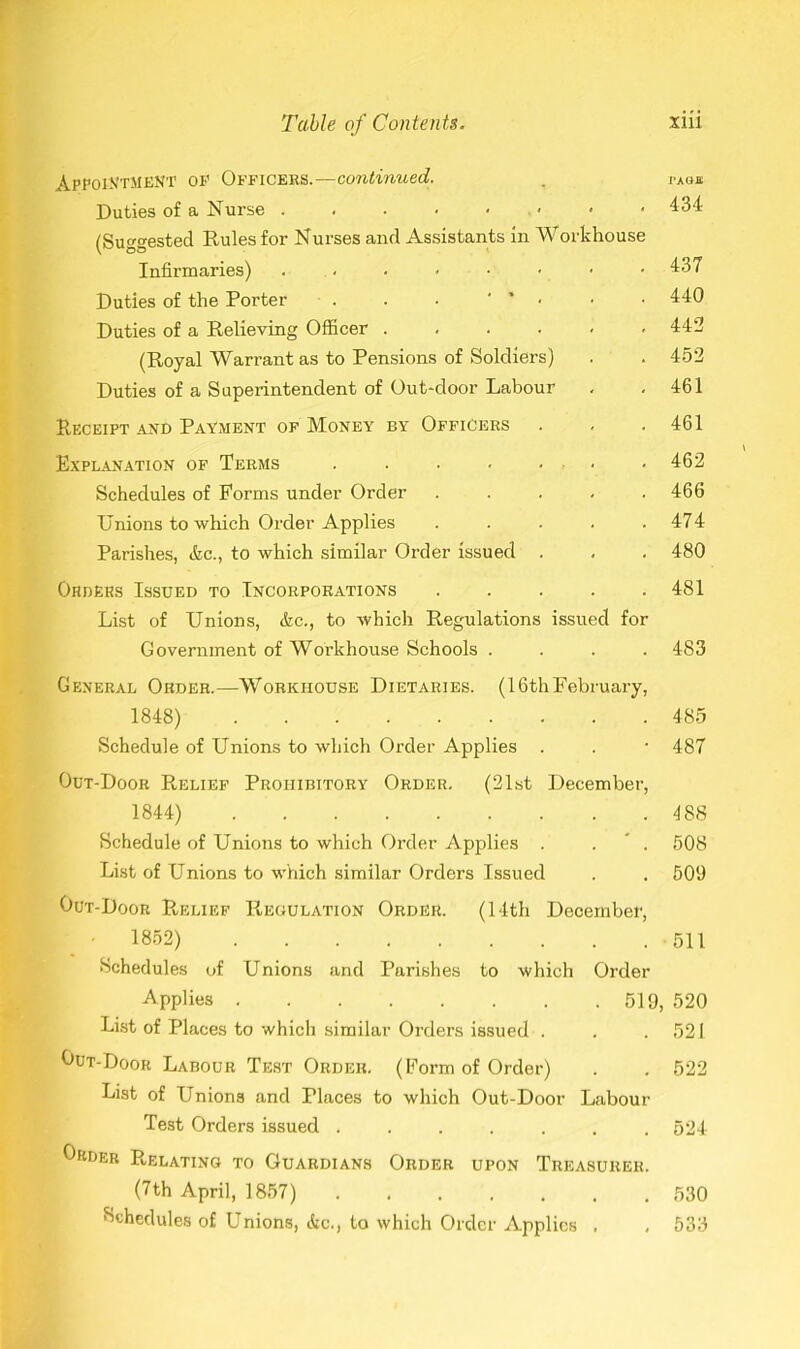 Appointment of Officers.—continued. Duties of a Nurse (Suggested Rules for Nurses and Assistants in Workhouse Infirmaries) Duties of the Porter . . . ' • Duties of a Relieving Officer (Royal Warrant as to Pensions of Soldiers) Duties of a Superintendent of Out-door Labour Receipt and Payment of Money by Officers . Explanation of Terms . . . . • ■ < Schedules of Forms under Order ..... Unions to which Order Applies ..... Parishes, &c., to which similar Order issued . Orders Issued to Incorporations . List of Unions, &c., to which Regulations issued for Government of Workhouse Schools . . . . PAGJE 434 437 440 442 452 461 461 462 466 474 480 481 483 General Order.—Workhouse Dietaries. (16thFebruary, 1848) 485 Schedule of Unions to which Order Applies . . • 487 Out-Door Relief Prohibitory Order. (21st December, 1844) 488 Schedule of Unions to which Order Applies . . 508 List of Unions to which similar Orders Issued . . 509 Out-Door Relief Regulation Order. (14th December, 1852) 511 Schedules of Unions and Parishes to which Order Applies 519, 520 List of Places to which similar Orders issued . . .521 Out-Door Labour Test Order. (Form of Order) . . 522 List of Unions and Places to which Out-Door Labour Test Orders issued ....... 524 Order Relating to Guardians Order upon Treasurer. (7th April, 1857) 530 Schedules of Unions, &c., to which Order Applies , , 533