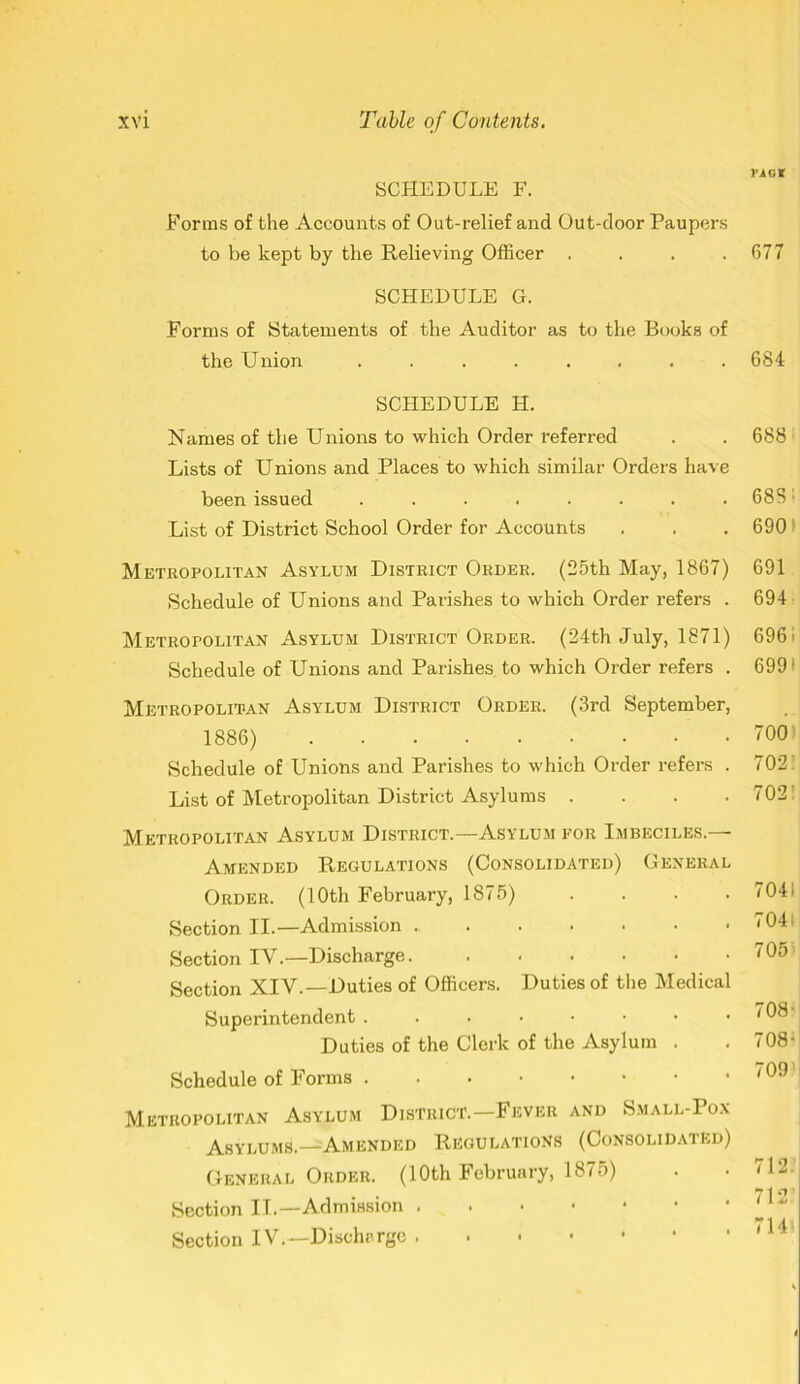 SCHEDULE F. Forms of the Accounts of Out-relief and Out-door Paupers to be kept by the Relieving Officer .... SCHEDULE G. Forms of Statements of the Auditor as to the Books of the Union ........ SCHEDULE H. Names of the Unions to which Order referred Lists of Unions and Places to which similar Orders have been issued ........ List of District School Order for Accounts Metropolitan Asylum District Order. (25th May, 1867) Schedule of Unions and Parishes to which Order refers . Metropolitan Asylum District Order. (24th July, 1871) Schedule of Unions and Parishes to which Order refers . Metropolitan Asylum District Order. (3rd September, 1886) Schedule of Unions and Parishes to which Order refers . List of Metropolitan District Asylums . Metropolitan Asylum District.—Asylum for Imbeciles.— Amended Regulations (Consolidated) General Order. (10th February, 1875) Section II.—Admission Section IV.—Discharge Section XIV.—Duties of Officers. Duties of the Medical Superintendent ...••••• Duties of the Clerk of the Asylum . Schedule of Forms Metropolitan Asylum District.—Fever and Small-Pox Asylums.—Amended Regulations (Consolidated) General Order. (10th February, 1875) Section IT.—Admission Section IV.—Discharge