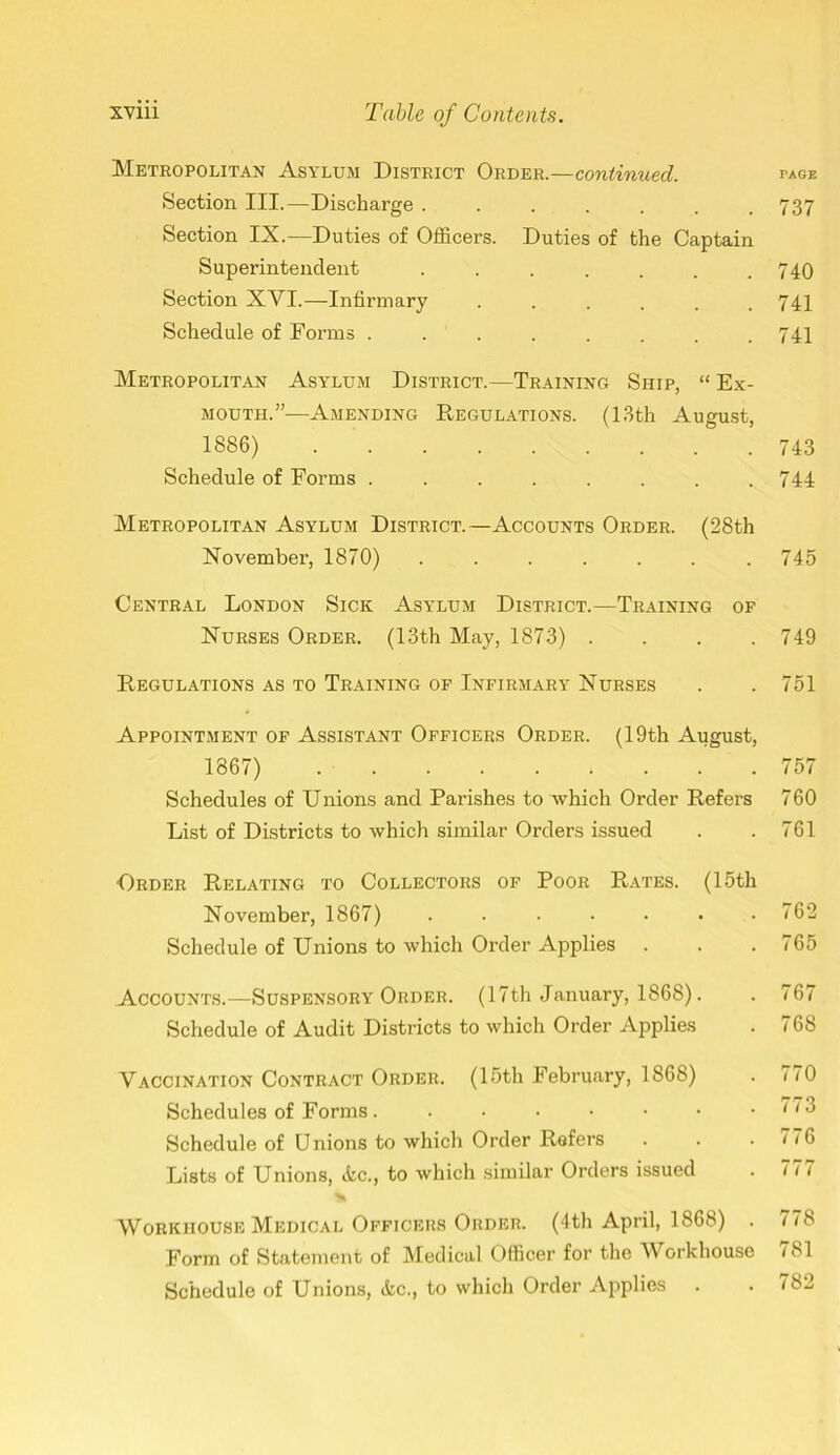 Metropolitan Asylum District Order.—continued. Section III.—Discharge ...... Section IX.—Duties of Officers. Duties of the Captain Superintendent ....... Section XVI.—Infirmary ...... Schedule of Forms ........ Metropolitan Asylum District.—Training Ship, “ Ex- moutii.”—Amending Regulations. (13th August, 1886) . . Schedule of Forms ........ Metropolitan Asylum District.—Accounts Order. (28th November, 1870) ....... Central London Sick Asylum District.—Training of Nurses Order. (13th May, 1873) . Regulations as to Training of Infirmary Nurses Appointment of Assistant Officers Order. (19th August, 1867) Schedules of Unions and Parishes to which Order Refers List of Districts to which similar Orders issued Order Relating to Collectors of Poor Rates. (15th November, 1867) ....... Schedule of Unions to which Order Applies Accounts.—Suspensory Order. (17th January, 1868). Schedule of Audit Districts to which Order Applies Vaccination Contract Order. (15th February, 1868) Schedules of Forms . • •••••• Schedule of Unions to which Order Refers Lists of Unions, &c., to which similar Orders issued Workhouse Medical Officers Order. (4th April, 1868) Form of Statement of Medical Officer for the Workhouse Schedule of Unions, &c., to which Order Applies PAGE 737 740 741 741 743 744 745 749 751 757 760 761 762 765 767 768 770 773 776 777 778 781 782