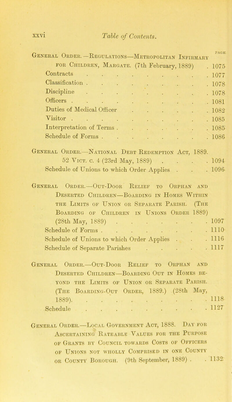 General Order. —Regulations—Metropolitan Infirmary for Children, Margate. (7th February, 1889) Contracts ....... Classification ........ Discipline ........ Officers .......... Duties of Medical Officer Visitor .......... Interpretation of Terms ....... Schedule of Forms ........ General Order.—National Debt Redemption Act, 1889. 52 Vict. c. 4 (23rd May, 1889) . . . . Schedule of Unions to which Order Applies . General Order.—Out-Door Relief to Orphan and Deserted Children—Boarding in Homes Within the Limits of Union or Separate Parish. (The Boarding of Children in Unions Order 1889) (28th May, 1889) Schedule of Forms ........ Schedule of Unions to which Order Applies . Schedule of Separate Parishes ..... General Order.—Out-Door Relief to Orphan and Deserted Children—Boarding Out in Homes be- yond the Limits of Union or Separate Parish. (The Boarding-Out Order, 1889.) (28th May, 1889) Schedule General Order.—Local Government Act, 1888. Day for Ascertaining Rateable Values for the Purpose of Grants by Council towards Costs of Officers of Unions not wholly Comprised in one County or County Borough. (9th September, 1889) . PAGE 1075 1077 1078 1078 1081 1082 1085 1085 1086 1094 1096 1097 1110 1116 1117 1118 1127 1132