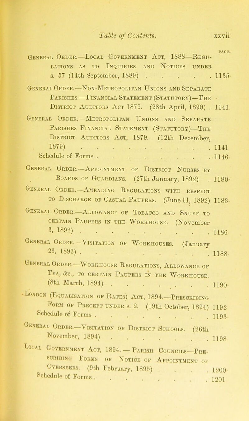 PAGE General Order.—Local Government Act, 1888—Regu- lations as to Inquiries and Notices under s. 57 (14th September, 1889) . . . . .1135 General Order.—Non-Metropolitan Unions and Separate Parishes.—Financial Statement (Statutory)—The District Auditors Act 1879. (28th April, 1890) . 1141 General Order.—Metropolitan Unions and Separate Parishes Financial Statement (Statutory)—The District Auditors Act, 1879. (12th December, 1879) 1141 Schedule of Forms . . . . . . . .1146 General Order.—Appointment of District Nurses by Boards of Guardians. (27th January, 1892) . 1180 General Order.—Amending Regulations with respect to Discharge of Casual Paupers. (June 11, 1892) 1183 General Order.—Allowance of Tobacco and Snuff to certain Paupers in the Workhouse. (November 3> 1892) 1186 General Order.-Visitation of Workhouses. (January 26> 1893) General Order.—Workhouse Regulations, Allowance of Tea, &c., to certain Paupers in the Workhouse. (8th March, 1894) H90 •London (Equalisation of Rates) Act, 1894.—Prescribing Form of Precept under s. 2. (19th October, 1894) 1192 Schedule of Forms ..... 1193 General Order.—Visitation of District Schools. (26tli November, 1894) U98 Local Government Act, 1894. — Parish Councils—Pre- scribing Forms of Notice of Appointment of Overseers. (9th February, 1895) . Schedule of Forms . 1200 1201