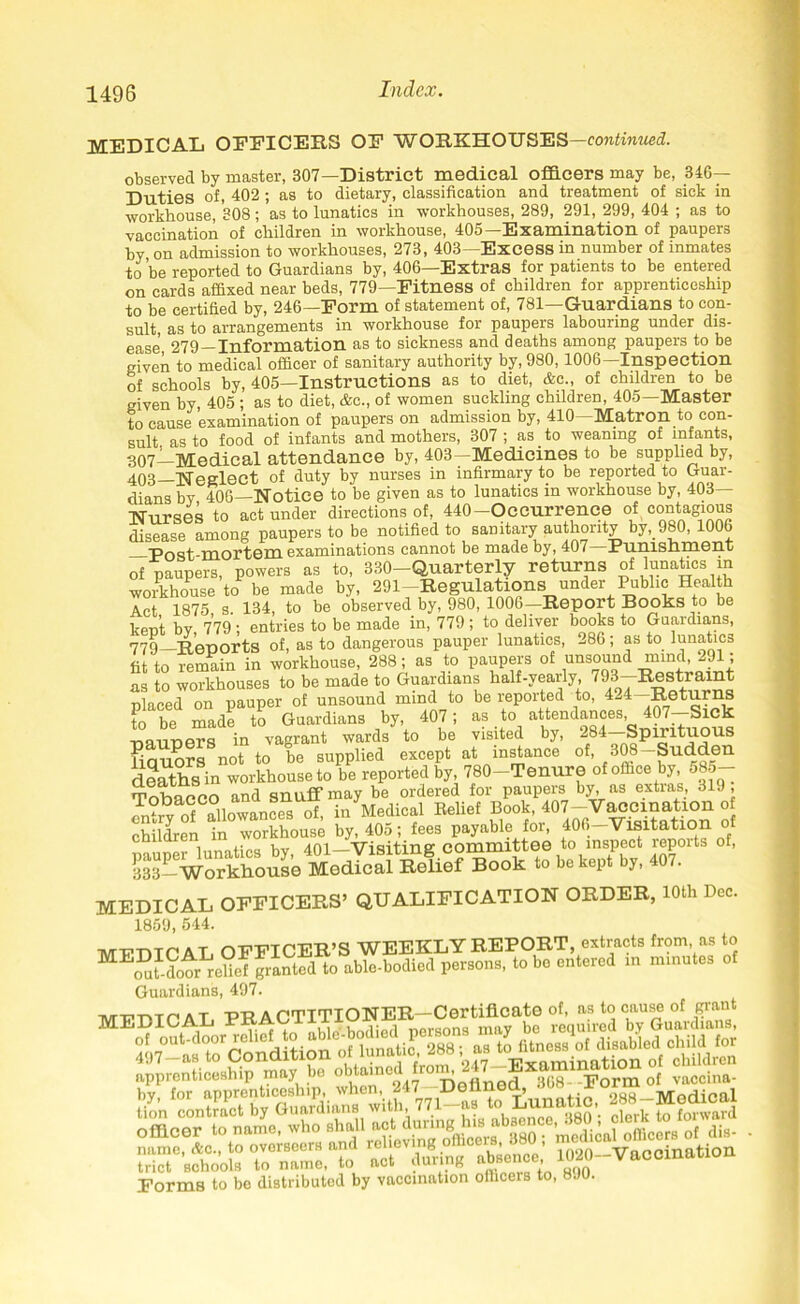 MEDICAL OFFICERS OF WORKHOUSES—continued. observed by master, 307—District medical officers may be, 346- Duties of, 402 ; as to dietary, classification and treatment of sick in workhouse, 308; as to lunatics in workhouses, 289, 291, 299, 404 ; as to vaccination of children in workhouse, 405—Examination of paupers by on admission to workhouses, 273, 403—Excess in number of inmates to be reported to Guardians by, 406—Extras for patients to be entered on cards affixed near beds, 779—Fitness of children for apprenticeship to be certified by, 246—Form of statement of, 781—Guardians to con- sult, as to arrangements in workhouse for paupers labouring under dis- ease', 279—Information as to sickness and deaths among paupers to be given to medical officer of sanitary authority by, 980,1006 Inspection of schools by, 405—Instructions as to diet, &c., of children to be given by, 405 ; as to diet, &c., of women suckling children, 405—Master to cause examination of paupers on admission by, 410—Matron to con- sult as to food of infants and mothers, 307 ; as to weaning of infants, 307—Medical attendance by, 403-Medicines to be supplied by, 403 Heglect of duty by nurses in infirmary to be reported to Guar- dians by 406—Notice to be given as to lunatics in workhouse by, 403 Nurses to act under directions of, 440-Occurrence of contagious disease among paupers to be notified to sanitary authority by, 980, 1006 Post-mortem examinations cannot be made by, 407 Punisliment of paupers, powers as to, 330-Quarterly returns of lunatics in workhouse to be made by, 291- Regulations under Public Health Act 1875 s. 134, to be observed by, 980, 1006—Report Books to be kent by 779 ; entries to be made in, 779; to deliver books to Guardians, 779— Reoorts of, as to dangerous pauper lunatics, 286; as to lunatics fit to remain in workhouse, 288; as to paupers of unsound mind, 291; as to workhouses to be made to Guardians half-yearly, ?93—Restraint placed on pauper of unsound mind to be reported to, 424—Returns to be made to Guardians by, 407; as to attendances, 407 Sick uauners in vagrant wards to be visited by, 284—Spirituous liquors not to be supplied except at instance of, 308—Sudden deaths in workhouse to be reported by, 780-Tenure of office by, 585- Tohacco and snuff may be ordered for paupers by, as extras 319, Saofa0llowancensUof, inVedical Belief look, 4<)7-V.MOinataon o children in workhouse by, 405; fees payable for, 406—Visitation of pauper lunatics by, 401-Visiting committee to inspect reports of, 333P Workhouse Medical Relief Book to be kept by, 407. MEDICAL OFFICERS’ QUALIFICATION ORDER, 10th Dec. 1859, 544. mx,twri A t OEETCER’S WEEKLY REPORT, extracts from, as to E£?.dotabffi-bodied persons, to be entered in minutes of Guardians, 497. ~ . T -p-D A OTITIONER— Certificate of, as to cause of grant apprenticeship may be obtained f dX.f0H. porm 0f vaccina- bv for apprenticeship, when, 247 -Dotlnea, am Jeorm , Forms to bo distributed by vaccination officers to, 8J0.