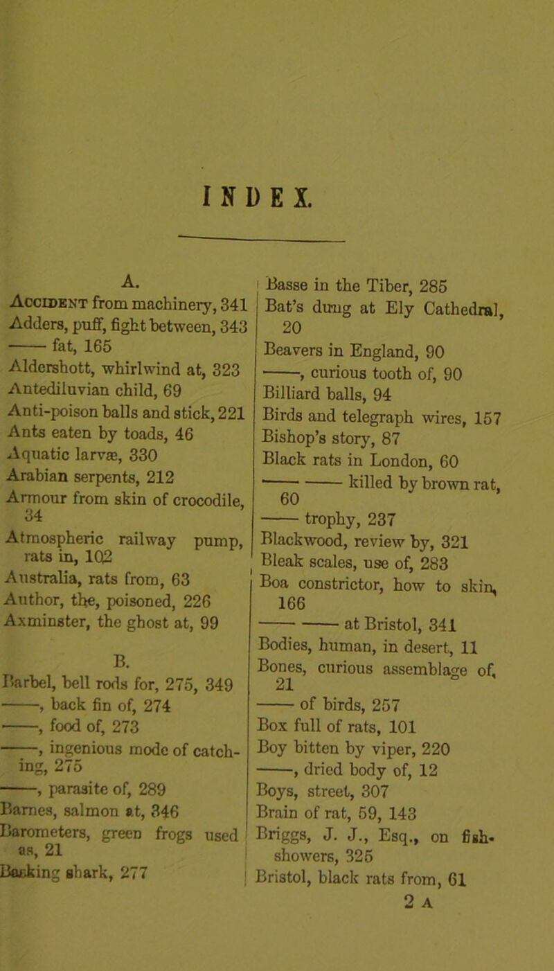 INDEX. j Basse in the Tiber, 285 Accident from machinery, 341 Bat’s dung at Ely Cathedral, Adders, puff, fight between, 343 20 fat, 165 Aldershott, whirlwind at, 323 Antediluvian child, 69 Anti-poison balls and stick, 221 Ants eaten by toads, 46 Aquatic larva*, 330 Arabian serpents, 212 Armour from skin of crocodile, 34 Atmospheric railway pump, rats in, 1Q2 Australia, rats from, 63 Author, the, poisoned, 226 Axminster, the ghost at, 99 B. Barbel, hell rods for, 275, 349 , back fin of, 274 , food of, 273 , ingenious mode of catch- ing, 275 , parasite of, 289 Barnes, salmon at, 346 Barometers, green frogs used as, 21 Banking shark, 277 Beavers in England, 90 , curious tooth of, 90 Billiard balls, 94 Birds and telegraph wires, 157 Bishop’s story, 87 Black rats in London, 60 ■ killed by brown rat, 60 trophy, 237 Blackwood, review by, 321 Bleak scales, use of, 283 Boa constrictor, how to skin, 166 at Bristol, 341 Bodies, human, in desert, 11 Bones, curious assemblage of, 21 of birds, 257 Box full of rats, 101 Boy bitten by viper, 220 , dried body of, 12 Boys, street, 307 Brain of rat, 59, 143 Briggs, J. J., Esq., on fish- showers, 325 Bristol, black rats from, 61 2 A