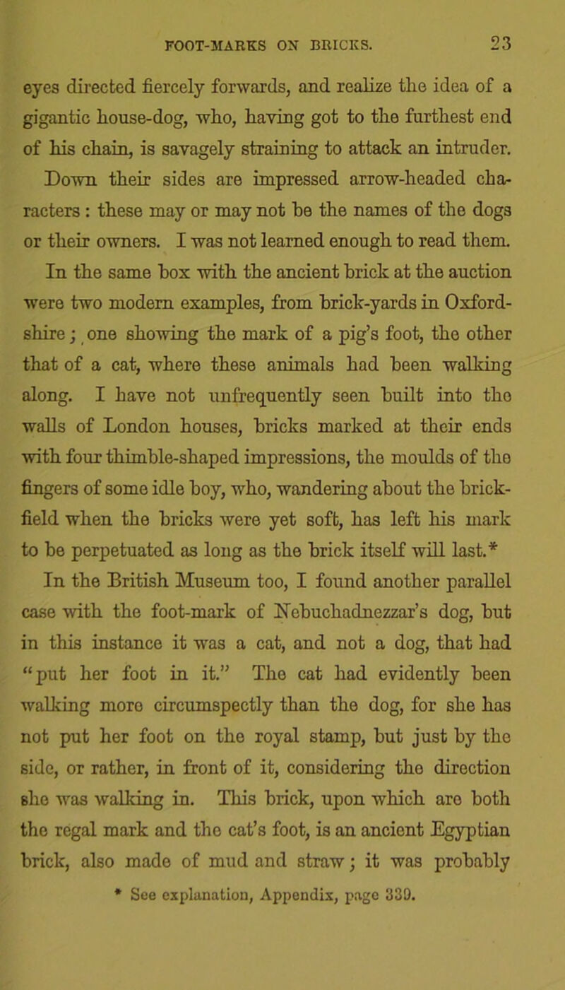 eyes directed fiercely forwards, and realize the idea of a gigantic house-dog, who, having got to the furthest end of his chain, is savagely straining to attack an intruder. Down their sides are impressed arrow-headed cha- racters : these may or may not he the names of the dogs or their owners. I was not learned enough to read them. In the same box with the ancient brick at the auction were two modern examples, from brick-yards in Oxford- shire ; one showing the mark of a pig’s foot, the other that of a cat, where these animals had been walking along. I have not unfrequently seen built into tho walls of London houses, bricks marked at their ends with four thimble-shaped impressions, the moulds of tho fingera of some idle hoy, who, wandering about the brick- field when the bricks were yet soft, has left his mark to be perpetuated as long as the brick itself will last.* In the British Museum too, I found another parallel case with the foot-mark of Nebuchadnezzar’s dog, but in this instance it was a cat, and not a dog, that had “put her foot in it.” Tho cat had evidently been walking more circumspectly than the dog, for she has not put her foot on the royal stamp, but just by the side, or rather, in front of it, considering tho direction she was walking in. This brick, upon which are both tho regal mark and the cat’s foot, is an ancient Egyptian brick, also made of mud and straw; it was probably * See explanation, Appendix, page 339.