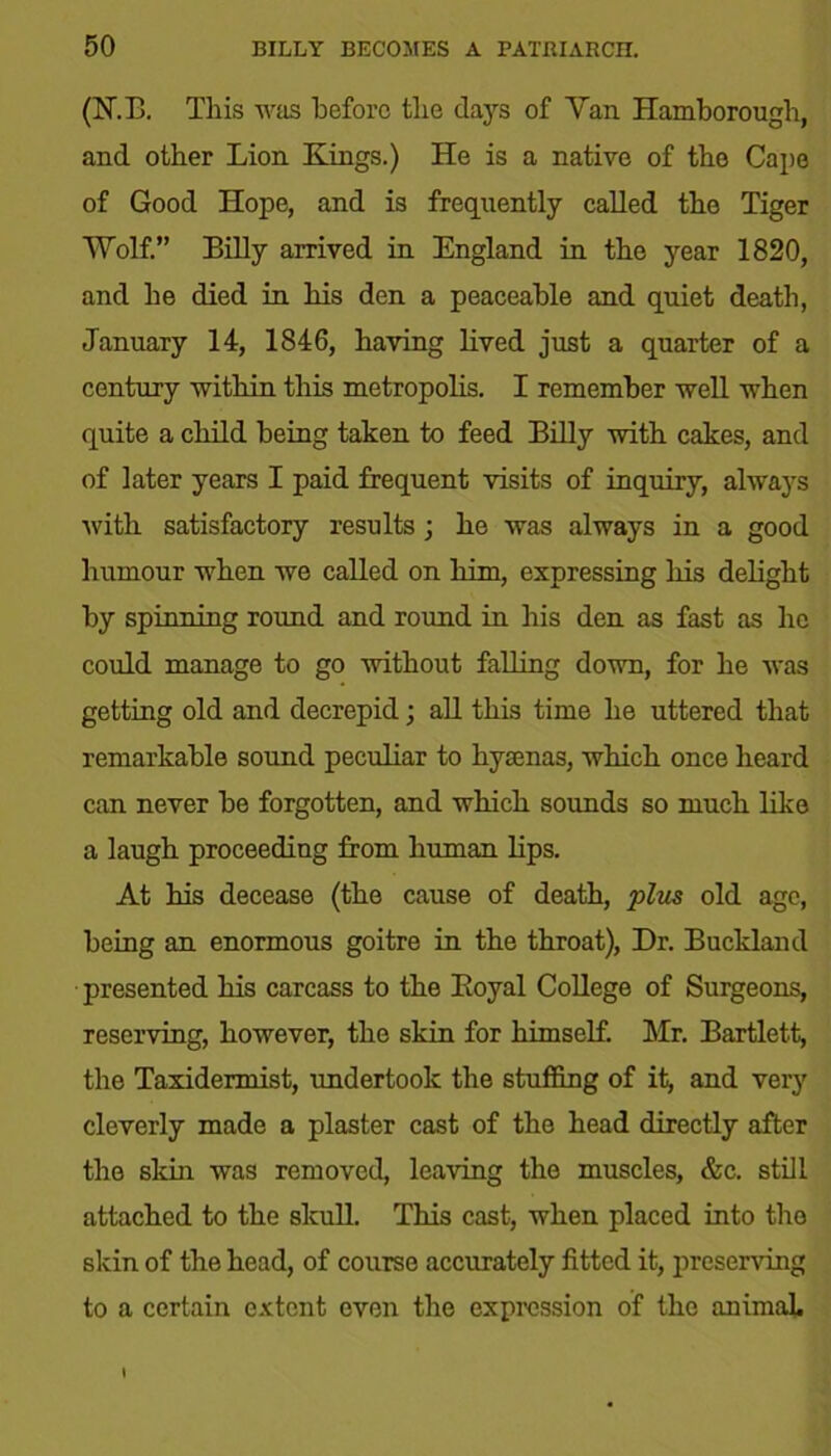 (KB. This was before the days of Van Hamborough, and other Lion Kings.) He is a native of the Cape of Good Hope, and is frequently called the Tiger Wolf.” Billy arrived in England in the year 1820, and he died in his den a peaceable and quiet death, January 14, 1846, having lived just a quarter of a century within this metropolis. I remember well when quite a child being taken to feed Billy with cakes, and of later years I paid frequent visits of inquiry, always with satisfactory results; he was always in a good humour when we called on him, expressing his delight by spinning round and round in his den as fast as he could manage to go without falling down, for he was getting old and decrepid; all this time he uttered that remarkable sound peculiar to hysenas, which once heard can never be forgotten, and which sounds so much like a laugh proceeding from human lips. At his decease (the cause of death, plus old age, being an enormous goitre in the throat), Dr. Buckland presented his carcass to the Eoyal College of Surgeons, reserving, however, the skin for himself. Mr. Bartlett, the Taxidermist, undertook the stuffing of it, and very cleverly made a plaster cast of the head directly after the skin was removed, leaving the muscles, &c. still attached to the skull. This cast, when placed into the skin of the head, of course accurately fitted it, preserving to a certain extent oven the expression of the animal. t