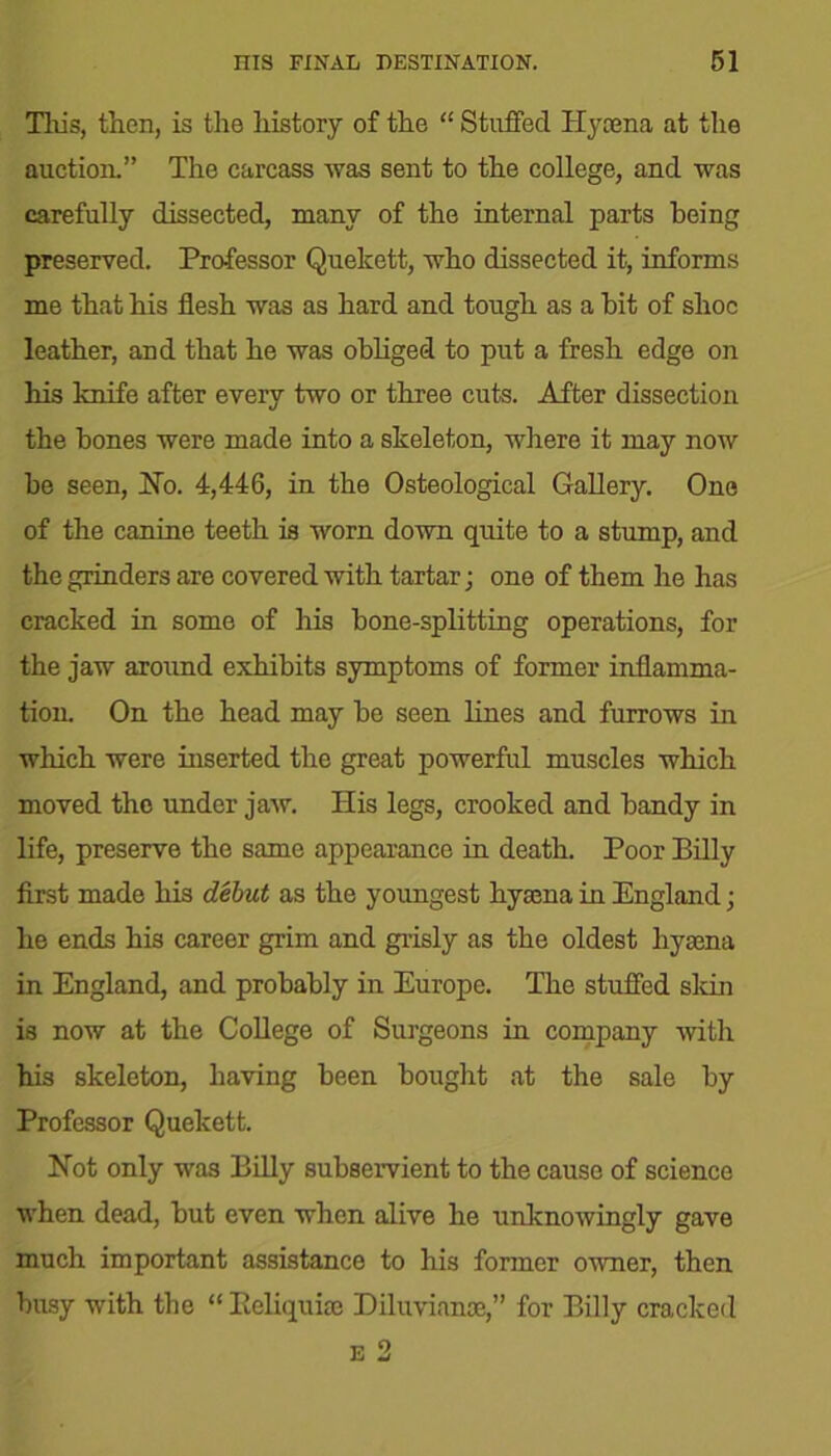 This, then, is the history of the “ Stuffed Hyaena at the auction.” The carcass was sent to the college, and was carefully dissected, many of the internal parts being preserved. Professor Quelcett, who dissected it, informs me that his flesh was as hard and tough as a hit of shoe leather, and that he was obliged to put a fresh edge on his knife after every two or three cuts. After dissection the hones were made into a skeleton, where it may now he seen, No. 4,446, in the Osteological Gallery. One of the canine teeth is worn down quite to a stump, and the grinders are covered with tartar j one of them he has cracked in some of his hone-splitting operations, for the jaw around exhibits symptoms of former inflamma- tion. On the head may he seen lines and furrows in which were inserted the great powerful muscles which moved the under jaw. His legs, crooked and handy in life, preserve the same appearance in death. Poor Billy first made his debut as the youngest hyasna in England; he ends his career grim and grisly as the oldest hyaena in England, and probably in Europe. The stuffed skin is now at the College of Surgeons in company with his skeleton, having been bought at the sale by Professor Quekett. Not only was Billy subservient to the cause of science when dead, but even when alive he unknowingly gave much important assistance to his former owner, then busy with the “ Reliquiae Diluvianse,” for Billy cracked e 2