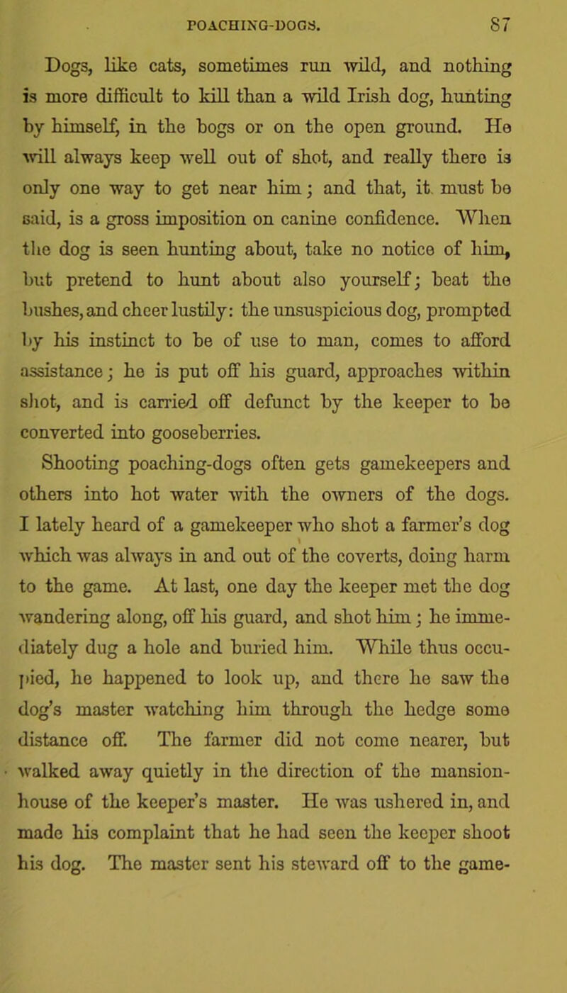 Dogs, like cat-s, sometimes run wild, and nothing is more difficult to kill than a wild Irish dog, hunting by himself, in the hogs or on the open ground. He will always keep wrell out of shot, and really there is only one way to get near him; and that, it must he said, is a gross imposition on canine confidence. When the dog is seen hunting about, take no notice of him, hut pretend to hunt about also yourself; heat the hushes, and cheer lustily: the unsuspicious dog, prompted by his instinct to he of use to man, comes to afford assistance; he is put off his guard, approaches within shot, and is carried off defunct by the keeper to he converted into gooseberries. Shooting poaching-dogs often gets gamekeepers and others into hot water with the owners of the dogs. I lately heard of a gamekeeper who shot a farmer’s dog » which was always in and out of the coverts, doing harm to the game. At last, one day the keeper met the dog wandering along, off his guard, and shot him; he imme- diately dug a hole and buried him. While thus occu- pied, he happened to look up, and there he saw the dog’s master watching him through the hedge some distance off. The farmer did not come nearer, hut walked away quietly in the direction of the mansion- house of the keeper’s master. He was ushered in, and made his complaint that he had seen the keeper shoot his dog. The master sent his steward off to the game-