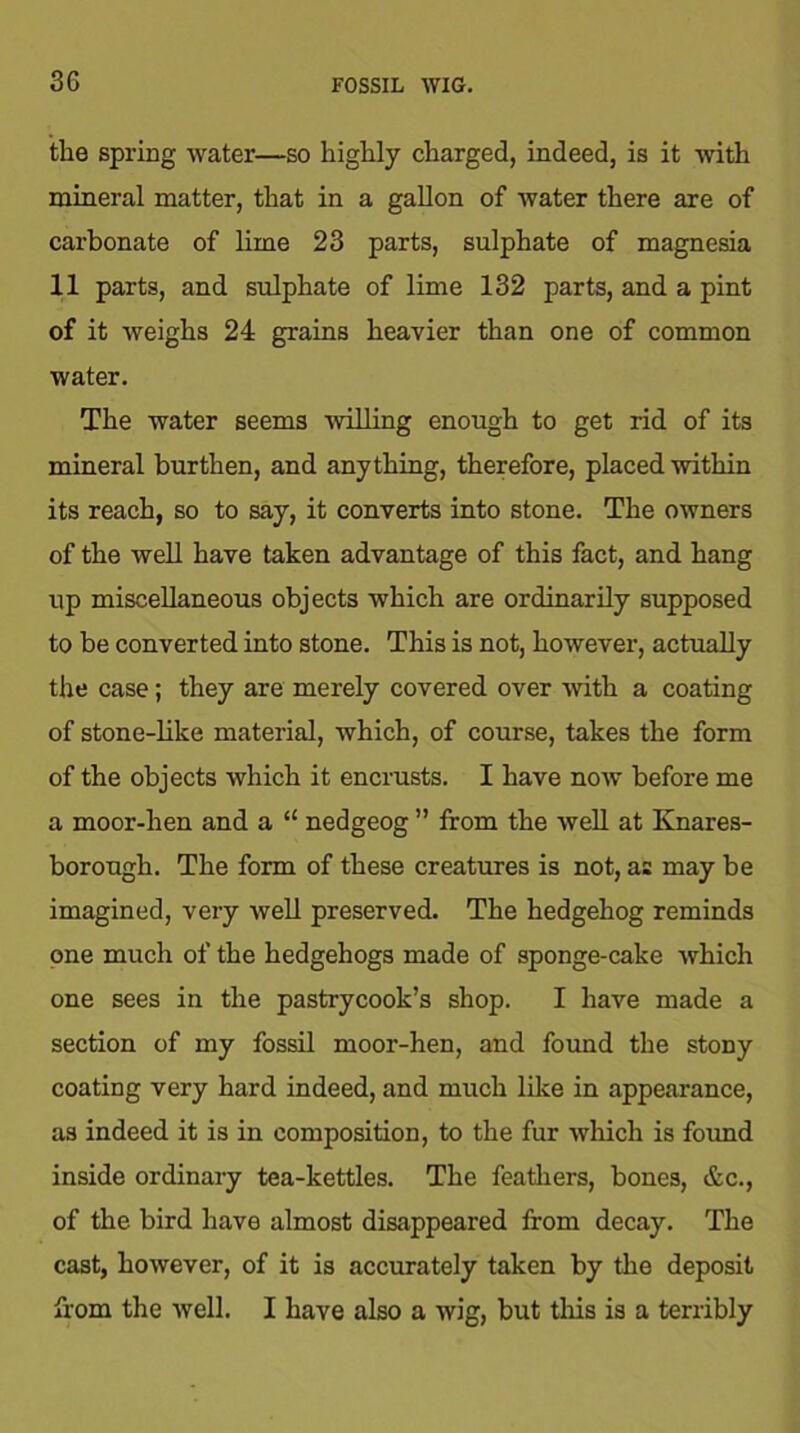 the spring water—so highly charged, indeed, is it with mineral matter, that in a gallon of water there are of carbonate of lime 23 parts, sulphate of magnesia 11 parts, and sulphate of lime 132 parts, and a pint of it weighs 24 grains heavier than one of common water. The water seems willing enough to get rid of its mineral burthen, and anything, therefore, placed within its reach, so to say, it converts into stone. The owners of the well have taken advantage of this fact, and hang up miscellaneous objects which are ordinarily supposed to be converted into stone. This is not, however, actually the case; they are merely covered over with a coating of stone-like material, which, of course, takes the form of the objects which it encrusts. I have now before me a moor-hen and a “ nedgeog ” from the well at Knares- borough. The form of these creatures is not, as may be imagined, very well preserved. The hedgehog reminds one much of the hedgehogs made of sponge-cake which one sees in the pastrycook’s shop. I have made a section of my fossil moor-hen, and found the stony coating very hard indeed, and much like in appearance, as indeed it is in composition, to the fur which is found inside ordinary tea-kettles. The feathers, bones, &c., of the. bird have almost disappeared from decay. The cast, however, of it is accurately taken by the deposit from the well. I have also a wig, but this is a terribly