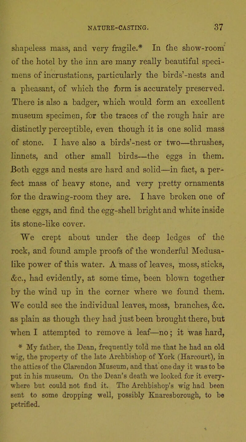 shapeless mass, and very fragile.* In £he show-room of the hotel by the inn are many really beautiful speci- mens of incrustations, particularly the birds’-nests and a pheasant, of which the form is accurately preserved. There is also a badger, which would form an excellent museum specimen, for the traces of the rough hair are distinctly perceptible, even though it is one solid mass of stone. I have also a birds’-nest or two—thrushes, linnets, and other small birds—the eggs in them. Both eggs and nests are hard and solid—in fret, a per- fect mass of heavy stone, and very pretty ornaments for the drawing-room they are. I have broken one of these eggs, and find the egg-shell bright and white inside its stone-like cover. We crept about under the deep ledges of the rock, and found ample proofs of the wonderful Medusa- like power of this water. A mass of leaves, moss, sticks, &c., had evidently, at some time, been blown together by the wind up in the corner where we found them. We could see the individual leaves, moss, branches, &c. as plain as though they had just been brought there, but when I attempted to remove a leaf—no; it was hard, * My father, the Dean, frequently told me that he had an old wig, the property of the late Archbishop of York (Harcourt), in the attics of the Clarendon Museum, and that ono day it was to be put in his museum. On the Dean’s death we looked for it every- where but could not find it. The Archbishop’s wig had been sent to some dropping well, possibly Knaresborough, to be petrified.