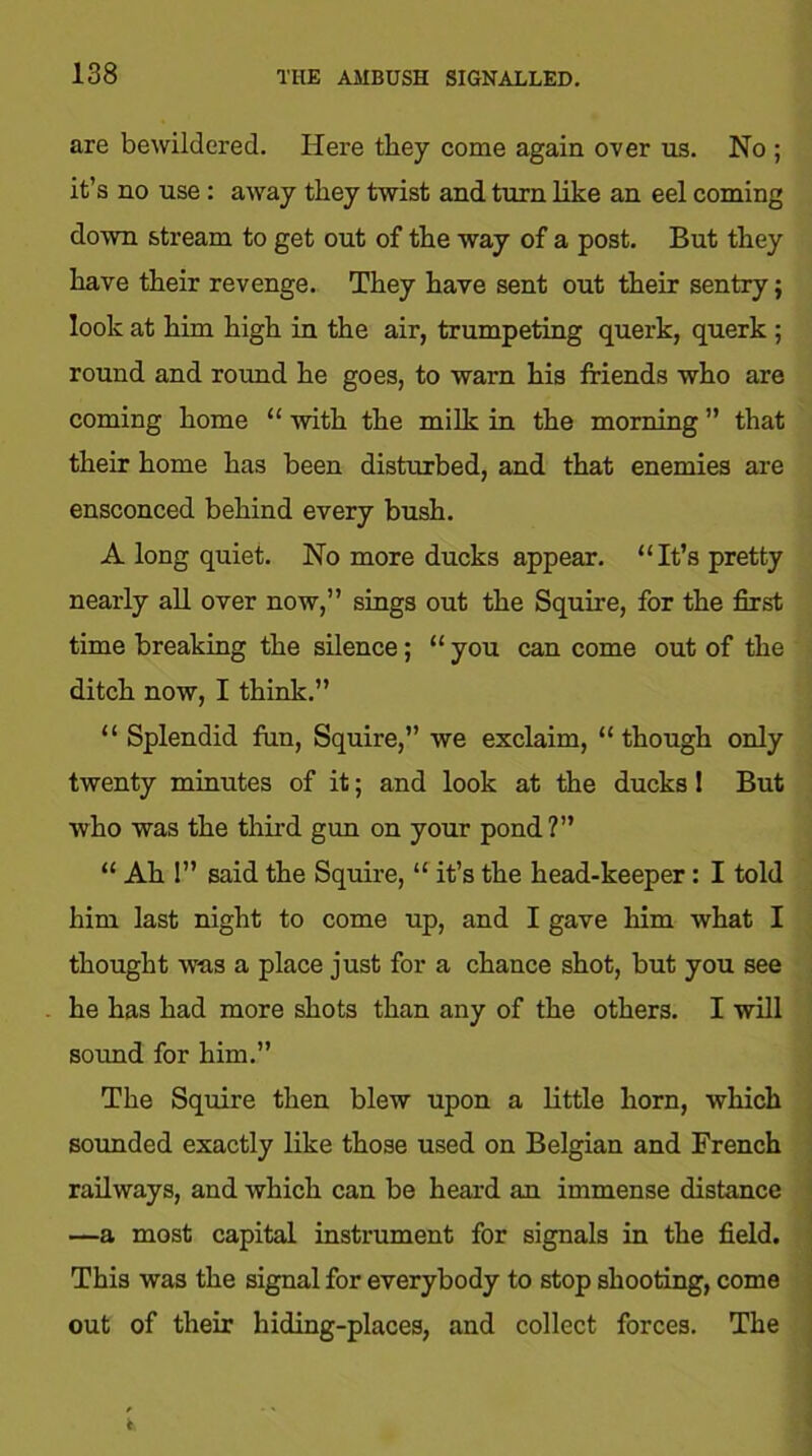 are bewildered. Here they come again over us. No ; it’s no use : away they twist and turn like an eel coming down stream to get out of the way of a post. But they have their revenge. They have sent out their sentry; look at him high in the air, trumpeting querk, querk ; round and round he goes, to warn his friends who are coming home “ with the milk in the morning ” that their home has been disturbed, and that enemies are ensconced behind every bush. A long quiet. No more ducks appear. “It’s pretty nearly all over now,” sings out the Squire, for the first time breaking the silence; “ you can come out of the ditch now, I think.” “ Splendid fun, Squire,” we exclaim, “though only twenty minutes of it; and look at the ducks 1 But who was the third gun on your pond?” “ Ah I” said the Squire, “ it’s the head-keeper: I told him last night to come up, and I gave him what I thought was a place just for a chance shot, but you see he has had more shots than any of the others. I will sound for him.” The Squire then blew upon a little horn, which sounded exactly like those used on Belgian and French railways, and which can be heard an immense distance —a most capital instrument for signals in the field. This was the signal for everybody to stop shooting, come out of their hiding-places, and collect forces. The