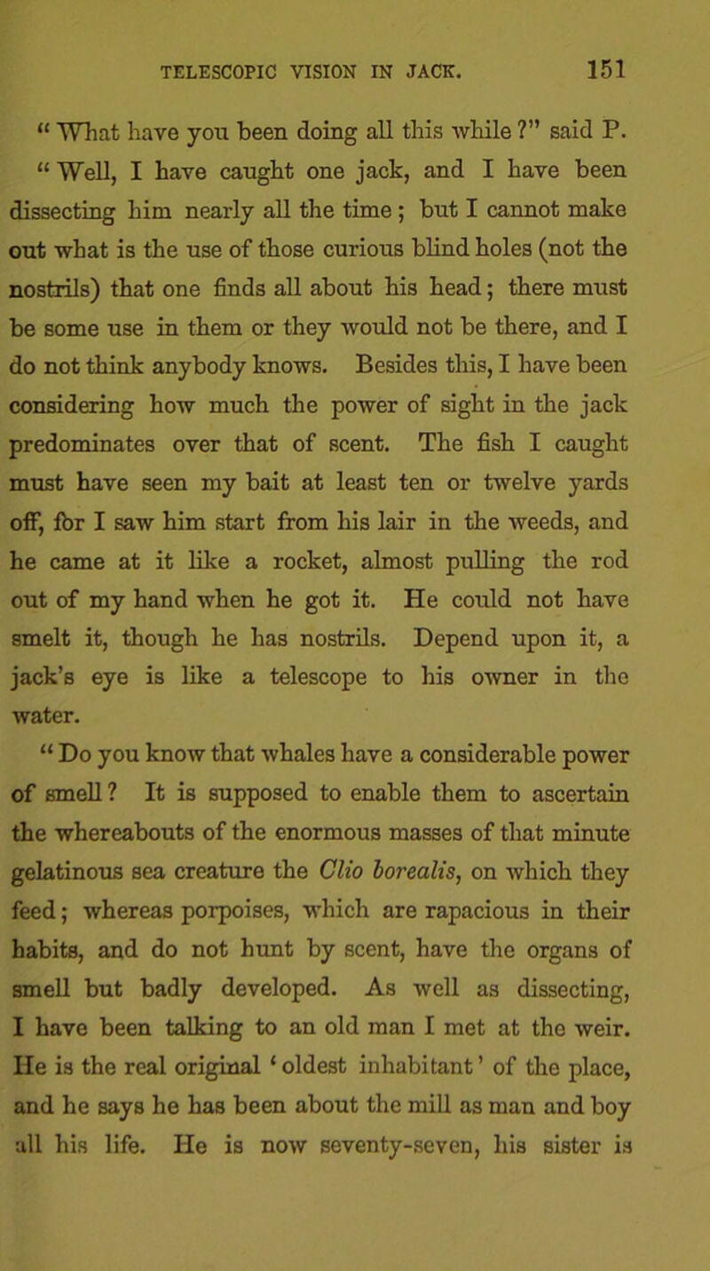 “ What have you been doing all this while ?” said P. “ Well, I have caught one jack, and I have been dissecting him nearly all the time ; but I cannot make out what is the use of those curious blind holes (not the nostrils) that one finds all about his head; there must be some use in them or they would not be there, and I do not think anybody knows. Besides this, I have been considering how much the power of sight in the jack predominates over that of scent. The fish I caught must have seen my bait at least ten or twelve yards off, fbr I saw him start from his lair in the weeds, and he came at it like a rocket, almost pulling the rod out of my hand when he got it. He could not have smelt it, though he has nostrils. Depend upon it, a jack’s eye is like a telescope to his owner in the water. “ Do you know that whales have a considerable power of smell ? It is supposed to enable them to ascertain the whereabouts of the enormous masses of that minute gelatinous sea creature the Clio borealis, on which they feed; whereas porpoises, which are rapacious in their habits, and do not hunt by scent, have the organs of smell but badly developed. As well as dissecting, I have been talking to an old man I met at the weir. He is the real original * oldest inhabitant ’ of the place, and he says he has been about the mill as man and boy all his life. He is now seventy-seven, his sister is