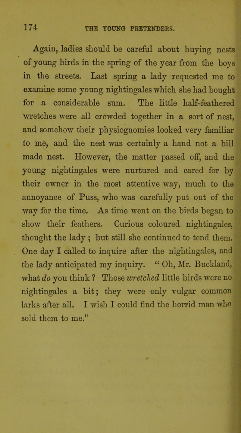 Again, ladies should be careful about buying nests of young birds in the spring of the year from the boys in the streets. Last spring a lady requested me to examine some young nightingales which she had bought for a considerable sum. The little half-feathered wretches were all crowded together in a sort of nest, and somehow their physiognomies looked very familiar to me, and the nest was certainly a hand not a bill made nest. However, the matter passed off, and the young nightingales were nurtured and cared for by their owner in the most attentive way, much to the annoyance of Puss, who was carefully put out of the way for the time. As time went on the birds began to show their feathers. Curious coloured nightingales, thought the lady ; but still she continued to tend them. One day I called to inquire after the nightingales, and the lady anticipated my inquiiy. “ Oh, Mr. Buckland, what do you think ? Those wretched little birds were no nightingales a bit; they were only vulgar common larks after all. I wish I could find the lion-id man who sold them to me.”