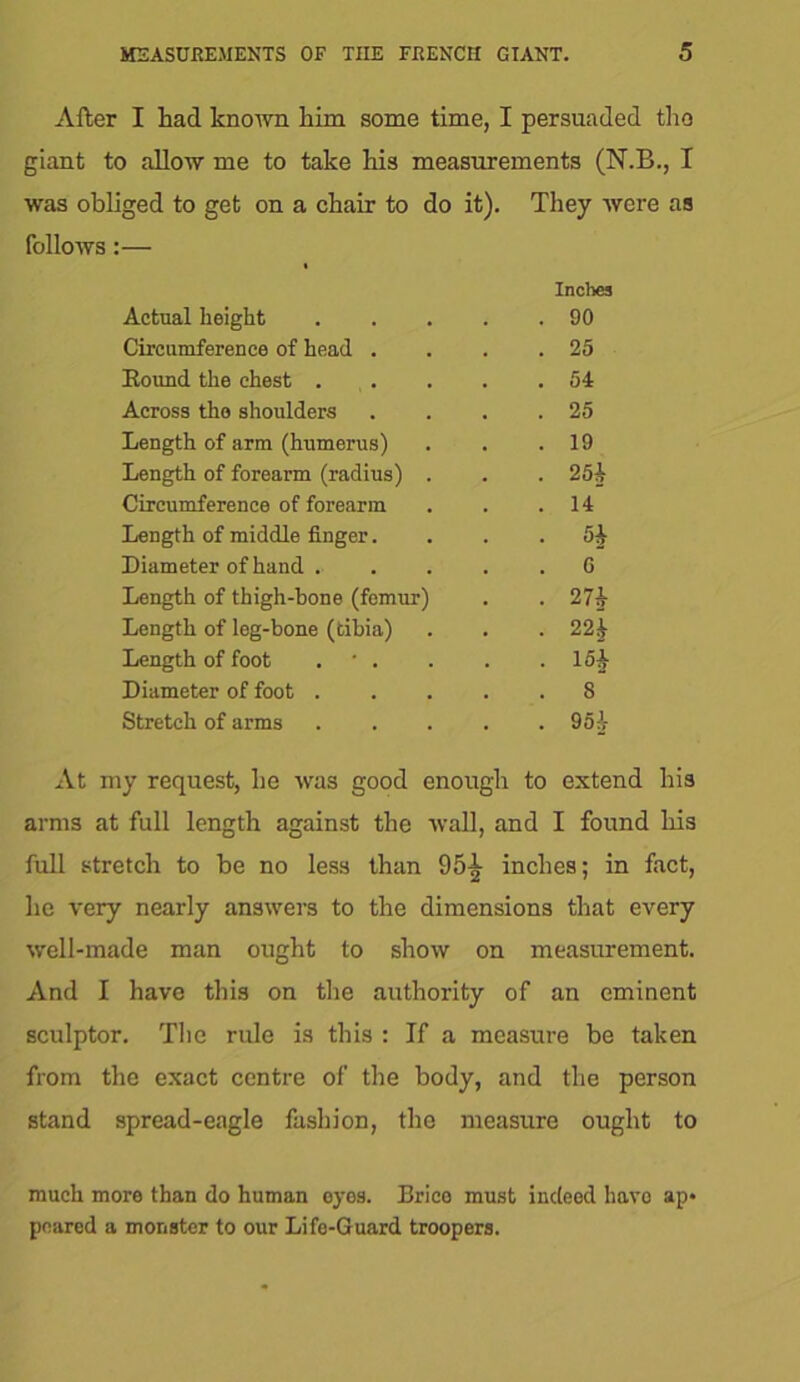 After I had known him some time, I persuaded the giant to allow me to take his measurements (N.B., I was obliged to get on a chair to do it). They were as follows:— Actual height .... Inches . 90 Circumference of head . . 25 Bound the chest . . . 54 Across the shoulders . 25 Length of arm (humerus) . 19 Length of forearm (radius) . . 25* Circumference of forearm . 14 Length of middle finger. . 5* Diameter of hand .... . 0 Length of thigh-bone (femur) . 27* Length of leg-bone (tibia) . 22* Length of foot . • . . 15* Diameter of foot .... . 8 Stretch of arms .... . 95* At my request, he was good enough to extend his arms at full length against the wall, and I found his full stretch to be no less than 95^- inches; in fact, lie very nearly answers to the dimensions that every well-made man ought to show on measurement. And I have this on the authority of an eminent sculptor. The rule is this : If a measure be taken from the exact centre of the body, and the person stand spread-eagle fashion, the measure ought to much more than do human oyos. Brico must indeed linvo ap* peared a monster to our Life-Guard troopers.