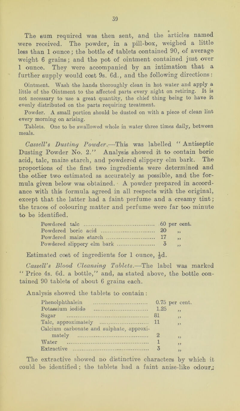 The sum required was then sent, and the articles named were received. The powder, in a pill-box, weighed a little lees than 1 ounce; the bottle of tablets contained 90, of average weight 6 grains; and the pot of ointment contained just over 1 ounce. They were accompanied by an intimation that a further supply would cost 9s. 6d., and the following directions: Ointment. Wash the hands thoroughly clean in hot water and apply a little of the Ointment to the affected parts every night on retiring. It is not necessary to use a great quantity, the chief thing being to have it evenly distributed on the parts requiring treatment. Powder. A small portion should be dusted on with a piece of clean lint every morning on arising. Tablets. One to be swallowed whole in water three times daily, between meals. Cassell’s Dus tiny Powder.—This was labelled “ Antiseptic Dusting Powder No. 2.” Analysis showed it to contain boric acid, talc, maize starch, and powdered slippery elm bark. The proportions of the first two ingredients were determined and the other two estimated as accurately as possible, and the for- mula given below was obtained. ■ A powder prepared in accord- ance with this formula agreed in all respects with the original, except that the latter had a faint perfume and a creamy tint; the traces of colouring matter and perfume were far too minute to be identified. Powdered talc 60 per cent. Powdered boric acid 20 ,, Powdered maize starch 17 ,, Powdered slippery elm bark 3 ,, Estimated cost of ingredients for 1 ounce, ^d. Cassell’s Blood Cleansing Tablets.-—The label was marked “ Price 4s. 6d. a bottle, and, as stated above, the bottle con- tained 90 tablets of about 6 grains each. Analysis showed the tablets to contain : Phenolphthalein Potassium iodide Sugar Talc, approximately Calcium carbonate and sulphate, approxi mately Water Extractive The extractive showed no distinctive characters by which it could be identified; the tablets had a faint anise-like odours 0.75 per cent. 1.25 „ 81 11 2 1 3