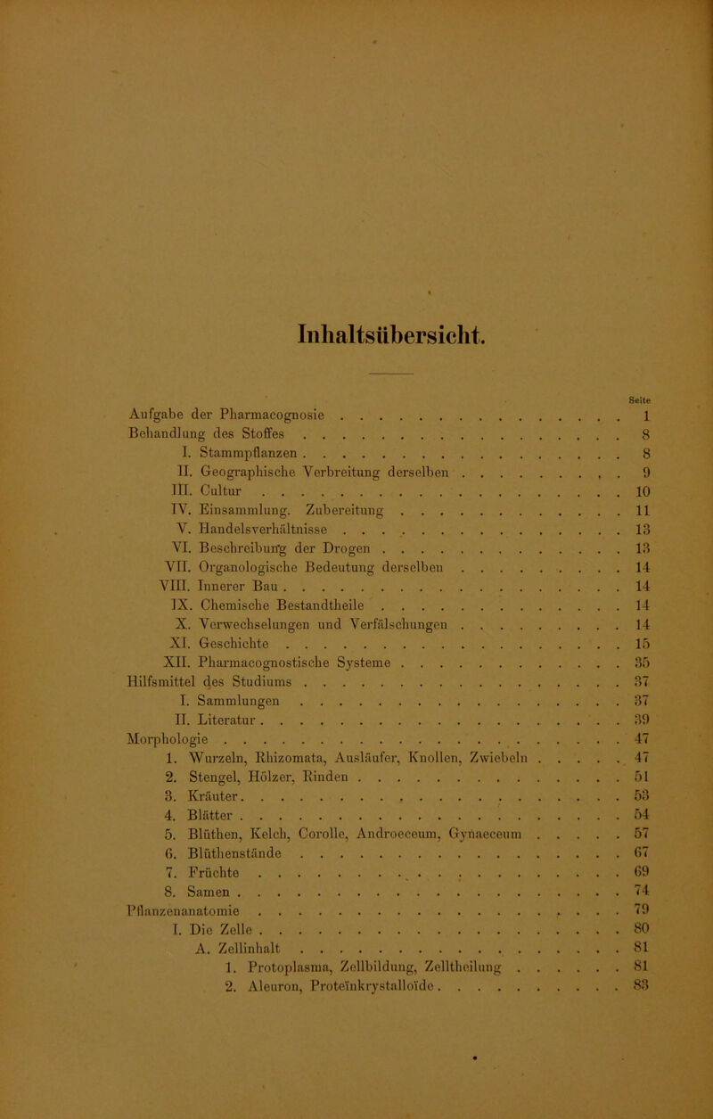 Inhaltsübersicht Seite Aufgabe der Pharmacognosie 1 Behandlung des Stoffes 8 I. Stammpflanzen 8 II. Geographische Verbreitung derselben . 9 III. Cultur 10 IV. Einsammlung. Zubereitung 11 V. tlandelsverhältnisse 18 VI. Beschreibung der Drogen 18 VII. Organologische Bedeutung derselben 14 VIII. Innerer Bau 14 IX. Chemische Bestandtheile 14 X. Verwechselungen und Verfälschungen 14 XI. Geschichte 15 XII. Pharmacognostische Systeme 35 Hilfsmittel des Studiums 37 I. Sammlungen 37 II. Literatur 39 Morphologie 47 1. Wurzeln, Rhizomata, Ausläufer, Knollen, Zwiebeln 47 2. Stengel, Hölzer, Rinden 51 3. Kräuter 53 4. Blätter 54 5. Blüthen, Kelch, Corolle, Androeceum, Gynaeceum 57 6. Blüthenstände 67 7. Früchte _ 69 8. Samen 74 Ptlanzenanatomie ... 79 I. Die Zelle 80 A. Zellinhalt 81 1. Protoplasma, Zellbildung, Zellthoilung 81 2. Aleuron, Prote'inkrystallo'ide 83