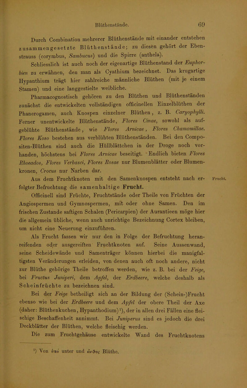 Durch Combination mehrerer Blüthenstäude mit einander entstehen zusammengesetzte Blüthenstände; zu diesfen geholt der Eben- strauss (corymbus, Sambucus) und die Spirre (anthela). Schliesslich ist auch noch der eigenartige Blüthenstand der Euphor- bien zu erwähnen, den man als Cyathium bezeichnet. Das kiugartige Hypanthium trägt hier zahlreiche männliche Blüthen (mit je einem Stamen) und eine langgestielte weibliche. Pharmacognostisch gehören zu den Blüthen und Blüthenständen zunächst die entwickelten vollständigen officinellen Einzelblüthen der Phanerogamen, auch Knospen einzelner Blüthen, z. B. Caryophylli. Ferner unentwickelte Blüthenstände, Flores Cinae, sowohl als auf- geblühte Blüthenstände, wie Flores Arnicae, Flores Chamomillae. Flores Koso bestehen aus verblühten Blüthenständen. Bei den Compo- siten-Blüthen sind auch die Hüllblättchen in der Droge noch vor- handen, höchstens bei Flores Arnicae beseitigt. Endlich bieten Flores Bhoeados, Flores Verbasci, Flores Bosae nur Blumeublätter oder Blumen- kronen, Crocus nur Narben dar. Aus dem Fruchtknoten mit den Samenknospen entsteht nach er- folgter Befruchtung die samenbaltige Frucht. Officinell sind Früchte, Fruchtstände oder Theile von Früchten der Angiospermen und Gymnospermen, mit oder ohne Samen. Den im frischen Zustande saftigen Schalen (Pericarpien) der Aurantieen möge hier die allgemein übliche, wenn auch unrichtige Bezeichnung Cortex bleiben, um nicht eine Neuerung einzuführen. Als Frucht fassen wir nur den in Folge der Befruchtung heran- reifenden oder ausgereiften Fruchtknoten auf. Seine Aussenwand, seine Scheidewände und Samenträger können hierbei die manigfal- tigsten Veränderungen erleiden, von denen auch oft noch andere, nicht zur Blüthe gehörige Theile betroffen werden, wie z. B. bei der Feige, bei Fructus Juniperi, dem Apfel, der Erdbeere, welche deshalb als Scheinfrüchte zu bezeichnen sind. Bei der Feige betheiligt sich an der Bildung der (Schein-)Frucht ebenso wie bei der Erdbeere und dem Apfel der obere Theil der Axe (daher: Blüthenkuchen, Hypanthodium) 9, der in allen drei Fällen eine flei- schige Beschaffenheit annimmt. Bei Juniperus sind es jedoch die drei Deckblätter der Blüthen, welche fleischig werden. Die zum Fruchtgehäuse entwickelte Wand des Fruchtknotens J) Von vno unter und ui’O-og Blüthe. Frucht.