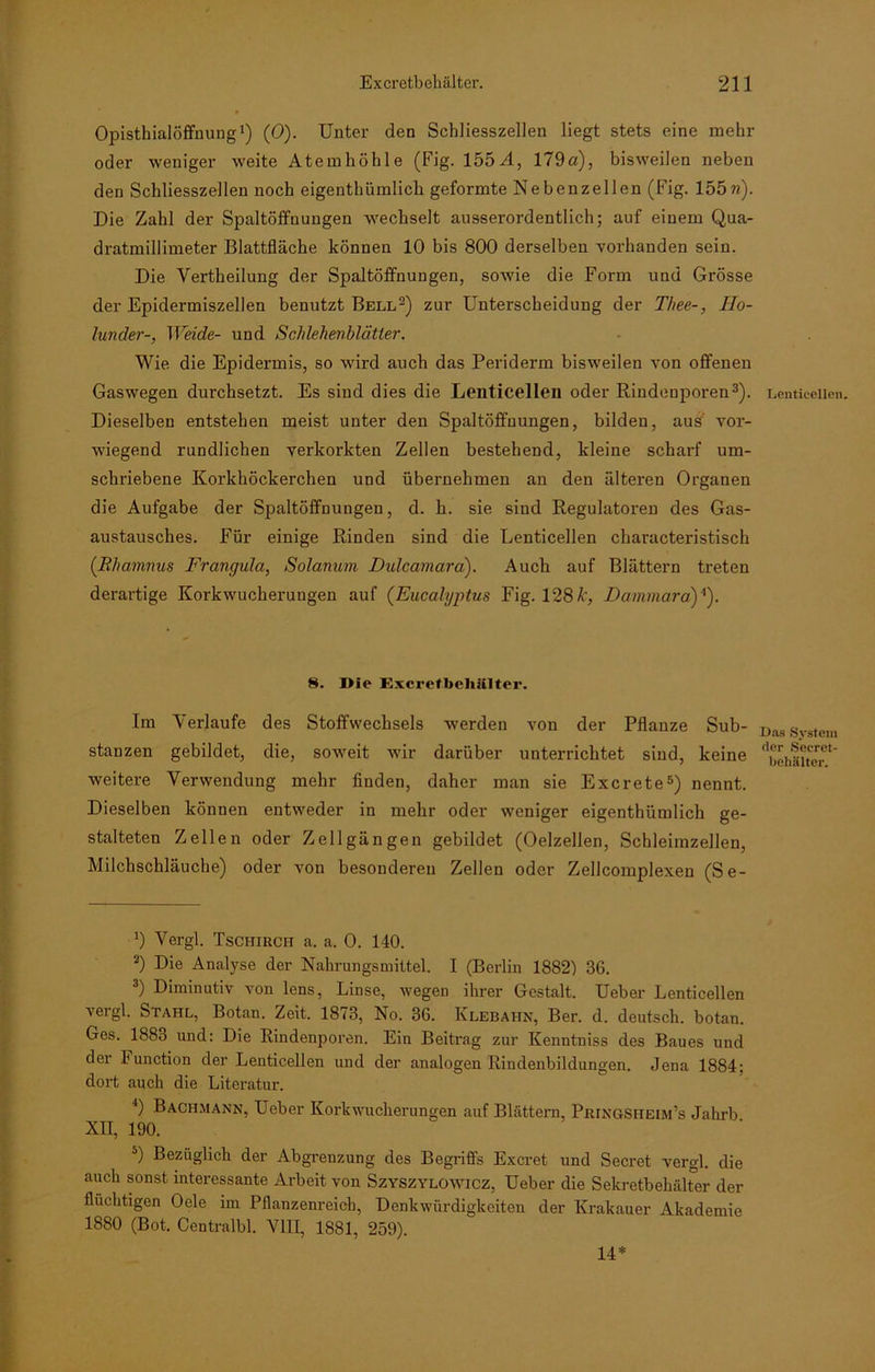 Opisthialöffnung1) (0). Unter den Scbliesszellen liegt stets eine mehr oder weniger weite Atemhöhle (Fig. 155A, 179a), bisweilen neben den Schliesszellen noch eigenthümlich geformte Nebenzellen (Fig. 155n). Die Zahl der Spaltöffnungen wechselt ausserordentlich; auf einem Qua- dratmillimeter Blattfläche können 10 bis 800 derselben vorhanden sein. Die Vertkeilung der Spaltöffnungen, sowie die Form und Grösse der Epidermiszellen benutzt Bell2) zur Unterscheidung der T/iee-, Ho- lunder-, Weide- und Schlehenblätter. Wie die Epidermis, so wird auch das Periderm bisweilen von offenen Gaswegen durchsetzt. Es sind dies die Lenticellen oder Rindenporen3 4). Dieselben entstehen meist unter den Spaltöffnungen, bilden, aus' vor- wiegend rundlichen verkorkten Zellen bestehend, kleine scharf um- schriebene Korkhöckerchen und übernehmen an den älteren Organen die Aufgabe der Spaltöffnungen, d. b. sie sind Regulatoren des Gas- austausches. Für einige Rinden sind die Lenticellen characteristisch (Rhamnus Frangula, Solanum Didcamara). Auch auf Blättern treten derartige Korkwucherungen auf (Eucalyptus Fig. 128Je, Dammara)'1). 8. Die Excretbehälter. Im Verlaufe des Stoffwechsels werden von der Pflanze Sub- stanzen gebildet, die, soweit wir darüber unterrichtet sind, keine weitere Verwendung mehr finden, daher man sie Excrete5) nennt. Dieselben können entweder in mehr oder weniger eigenthümlich ge- stalteten Zellen oder Zellgängen gebildet (Oelzellen, Schleimzellen, Milchschläuche) oder von besonderen Zellen oder Zellcomplexen (Se- *) Vergl. Tschiroii a. a. 0. 140. 2) Die Analyse der Nahrungsmittel. I (Berlin 1882) 36. 3) Diminutiv von lens, Linse, wegen ihrer Gestalt. Ueber Lenticellen vergl. Stahl, Botan. Zeit. 1873, No. 36. Klebahn, Ber. d. deutsch, botan. Ges. 1883 und: Die Rindenporen. Ein Beitrag zur Kenntniss des Baues und der Function der Lenticellen und der analogen Rindenbildungen. Jena 1884; dort auch die Literatur. 4) Bachmann, Ueber Korkwucherungen auf Blättern, Pringsheim’s Jahrb XII, 190. 5) Bezüglich der Abgrenzung des Begriffs Excret und Secret vergl. die auch sonst interessante Arbeit von Szyszylowicz, Ueber die Sekretbehälter der flüchtigen Oele im Pflanzenreich, Denkwürdigkeiten der Krakauer Akademie 1880 (Bot. Centralbl. VIII, 1881, 259). Lenticellen. Das System der Secret- bchälter. 14*