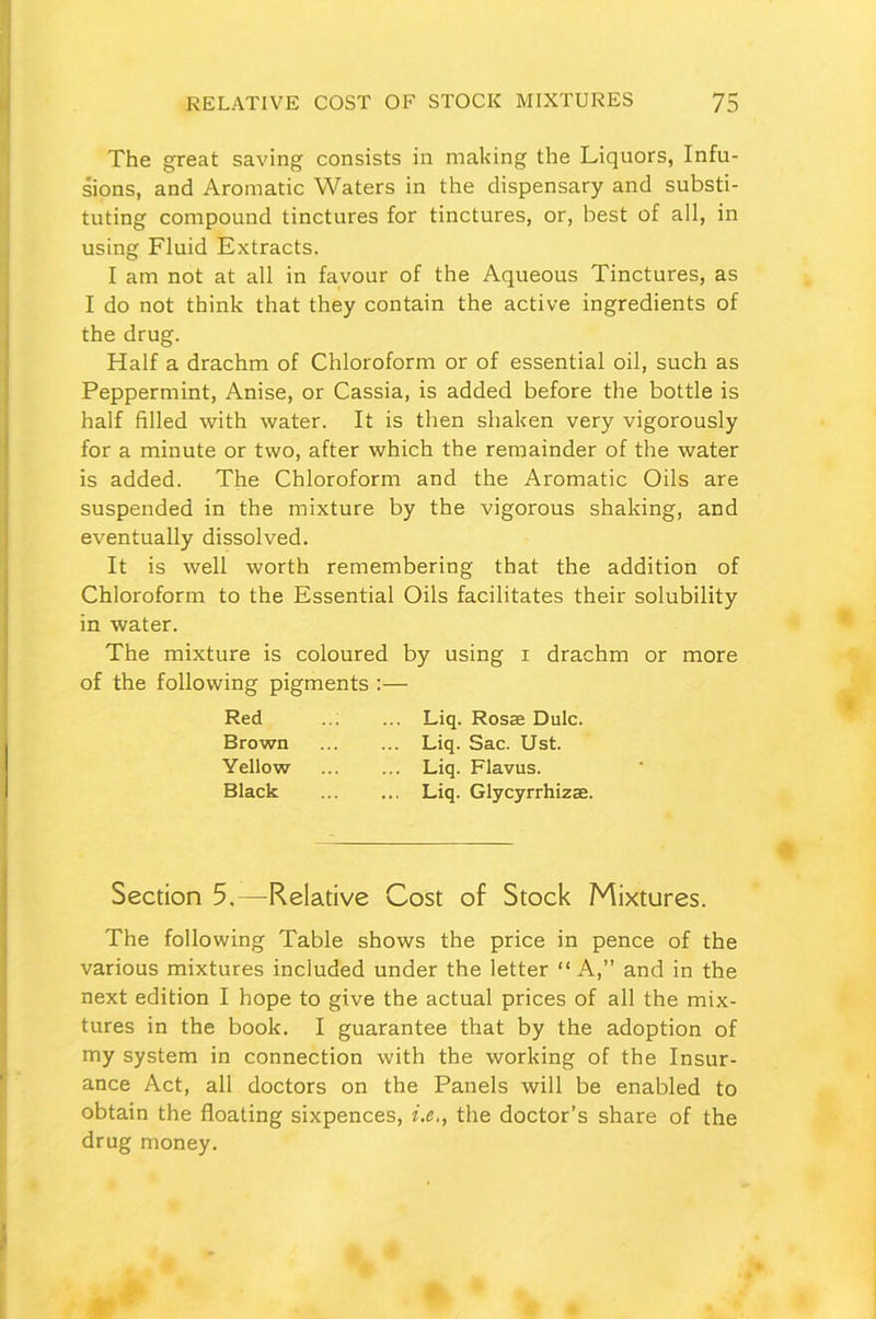 The great saving consists in making the Liquors, Infu- sions, and Aromatic Waters in the dispensary and substi- tuting compound tinctures for tinctures, or, best of all, in using Fluid Extracts. I am not at all in favour of the Aqueous Tinctures, as I do not think that they contain the active ingredients of the drug. Half a drachm of Chloroform or of essential oil, such as Peppermint, Anise, or Cassia, is added before the bottle is half filled with water. It is then shaken very vigorously for a minute or two, after which the remainder of the water is added. The Chloroform and the Aromatic Oils are suspended in the mixture by the vigorous shaking, and eventually dissolved. It is well worth remembering that the addition of Chloroform to the Essential Oils facilitates their solubility in water. The mixture is coloured by using i drachm or more of the following pigments :— Section 5.—Relative Cost of Stock Mixtures. The following Table shows the price in pence of the various mixtures included under the letter “A,” and in the next edition I hope to give the actual prices of all the mix- tures in the book. I guarantee that by the adoption of my system in connection with the working of the Insur- ance Act, all doctors on the Panels will be enabled to obtain the floating sixpences, i.e,, the doctor’s share of the drug money. Red Brown Yellow Black Liq. Rosae Dulc. Liq. Sac. Ust. Liq. Flavus. Liq. Glycyrrhizae.