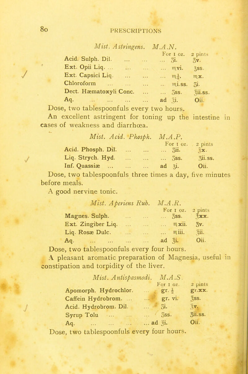 Mist. A sty ingens. M.A.N. For i oz. 2 pints Acid. Sulph. Dil ... 7)1 5 v. Ext. Opii Liq. ... ... mvi. gss. Ext. Capsici Liq. ... mi. tux. Chloroform ... miss. 5i- Dect. Haematoxyli Cone. ... 5ss. gii.ss. Aq ad 3L Oii. Dose, two tablespoonfuls every two hours. An excellent astringent for toning up the intestine in cases of weakness and diarrhoea. Mist. Acid. Phosph M.A.P. For i oz. 2 pints Acid. Phosph. Dil ... 3ii. 3x. Liq. Strych. Hyd. ... 5ss. oii.ss. Inf. Quassias ad gi. Oh. Dose, two tablespoonfuls three times a day, five minutes before meals. A good nervine tonic. Mist. Aperiens Rub. M.A.R. For I oz. 2 pints Magnes. Sulph. ... 5SS. 3xx. Ext. Zingiber Liq nixii. 5v. Liq. Rosae Dulc. ... utiii. Aq ad ji. Oii. Dose, two tablespoonfuls every four hours. A pleasant aromatic preparation of Magnesia, useful in constipation and torpidity of the liver. Mist. Antispasmodi M.A.S. For I oz. 2 pints Apomorph. Hydrochlor. . gr- i gr.xx. Caffein Hydrobrom gr. vi. 3SS. Acid. Hydrobrom. Dil. 7 7J 3*« ,sv. Syrup Tolu ' 5ss. 5ii.ss. Aq ad ji. Oii Dose, two tablespoonfuls every four hours.