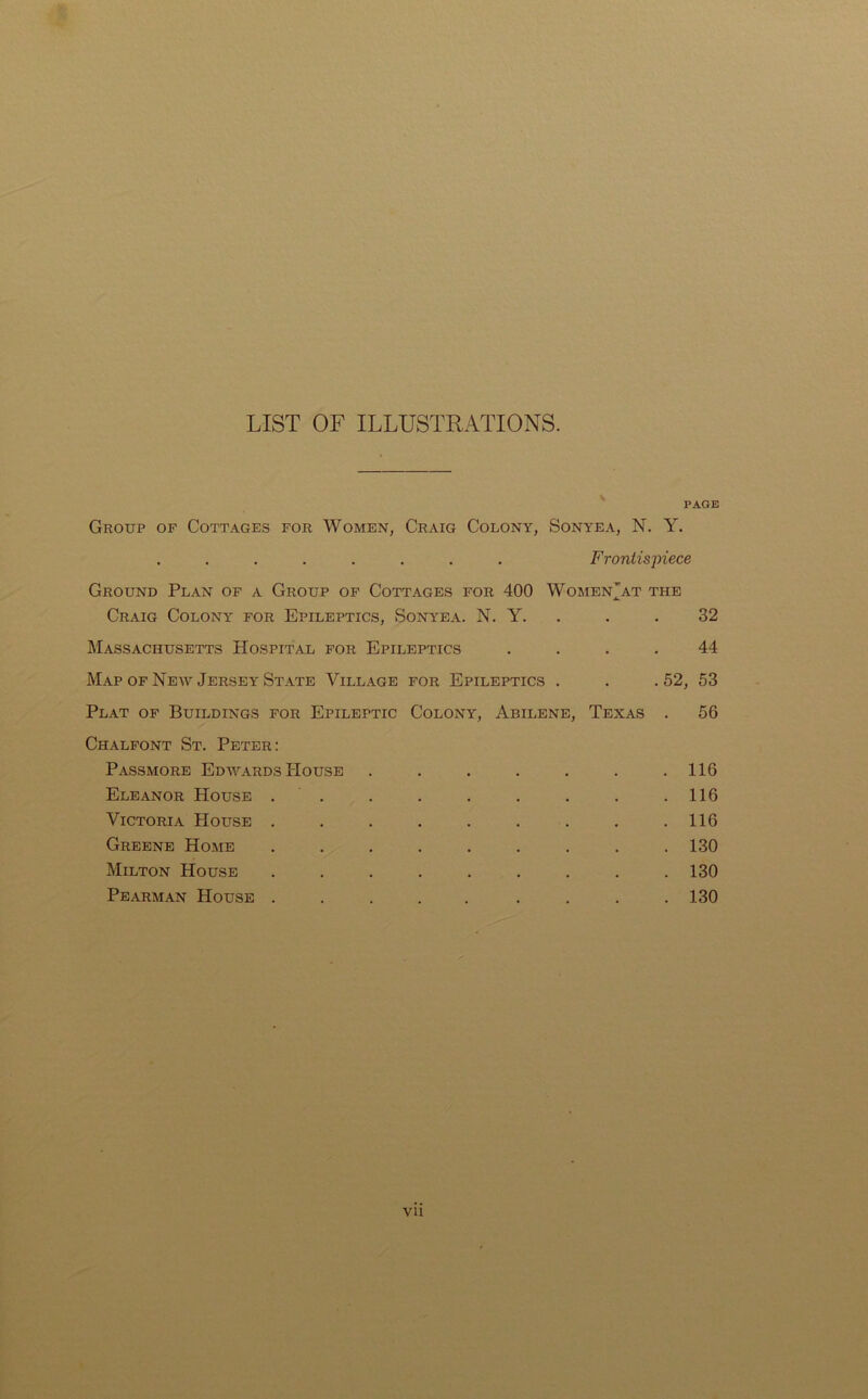 LIST OF ILLUSTRATIONS. PAGE Group of Cottages for Women, Craig Colony, Sonyea, N. Y. Frontisjnece Ground Plan of a Group of Cottages for 400 WomenJat the Craig Colony for Epileptics, Sonyea. N. Y. . . 32 Massachusetts Hospital for Epileptics .... 44 Map of New Jersey State Village for Epileptics . . .52, 53 Plat of Buildings for Epileptic Colony, Abilene, Texas . 56 Chalfont St. Peter: Passmore Edwards House . . . . . . .116 Eleanor House . . . . . . . .116 Victoria House . . . . . . . . .116 Greene Home ......... 130 Milton House ......... 130 Pearman House . . . . . . . . .130 vu