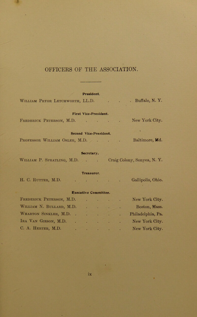 OFFICERS OF THE ASSOCIATION. President. William Pryor Letchworth, LL.D. . Buffalo, N. Y. First Vice-President. Frederick Peterson, M.D. . New York City. Second Vice-President. Professor William Osler, M.D. Baltimore, Md. Secretary. William P. Spratling, M.D. . . Craig Colony, Sonyea, N. Y. Treasurer. H. C. Rutter, M.D. . Gallipolis, Ohio. Executive Committee. Frederick Peterson, M.D. . . . . New York City. William N. Bullard, M.D. . . . . Boston, Mass. Wharton Sinkler, M.D. . . . . . Philadelphia, Pa. Ira Van Gieson, M.D. . . . . . New York City. C. A. Herter, M.D. . . . . . New York City.