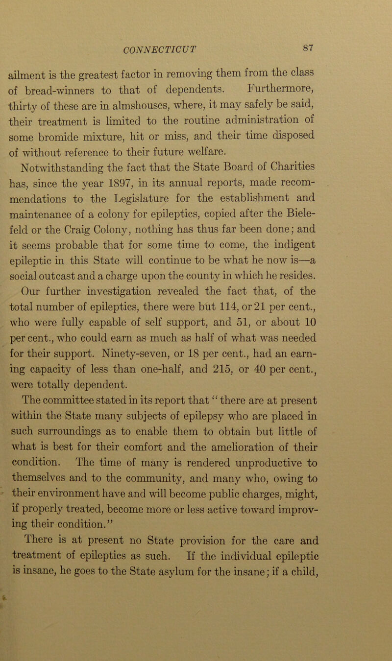 CONNECTICUT ailment is the greatest factor in removing them from the class of bread-winners to that of dependents. Furthermore, thirty of these are in almshouses, where, it may safely be said, their treatment is limited to the routine administration of some bromide mixture, hit or miss, and their time disposed of without reference to their future welfare. Notwithstanding the fact that the State Board of Charities has, since the year 1897, in its annual reports, made recom- mendations to the Legislature for the establishment and maintenance of a colony for epileptics, copied after the Biele- feld or the Craig Colony, nothing has thus far been done; and it seems probable that for some time to come, the indigent epileptic in this State will continue to be what he now is—a social outcast and a charge upon the county in which he resides. Our further investigation revealed the fact that, of the total number of epileptics, there were but 114, or 21 per cent., who were fully capable of self support, and 51, or about 10 per cent., who could earn as much as half of what was needed for their support. Ninety-seven, or 18 per cent., had an earn- ing capacity of less than one-half, and 215, or 40 per cent., were totally dependent. The committee stated in its report that “ there are at present within the State many subjects of epilepsy who are placed in such surroundings as to enable them to obtain but little of what is best for their comfort and the amelioration of their condition. The time of many is rendered unproductive to themselves and to the community, and many who, owing to their environment have and will become public charges, might, if properly treated, become more or less active toward improv- ing their condition.” There is at present no State provision for the care and treatment of epileptics as such. If the individual epileptic is insane, he goes to the State asylum for the insane; if a child,