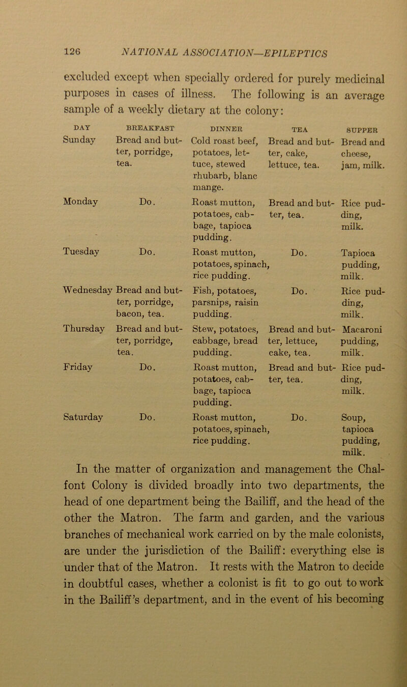 excluded except when specially ordered for purely medicinal purposes in cases of illness. The following is an average sample of a weekly dietary at the colony: DAY Sunday BREAKFAST Bread and but- ter, porridge, tea. DINNER Cold roast beef, potatoes, let- tuce, stewed rhubarb, blanc mange. TEA SUPPER Bread and but- Bread and ter, cake, cheese, lettuce, tea. jam, milk. Monday Do. Roast mutton, Bread and but- Rice pud- potatoes, cab- bage, tapioca pudding. ter, tea. ding, milk. Tuesday Do. Roast mutton, Do. potatoes, spinach, rice pudding. Tapioca pudding, milk. Wednesday Bread and but- ter, porridge, bacon,tea. Fish, potatoes, parsnips, raisin pudding. Do. Rice pud- ding, milk. Thursday Bread and but- ter, porridge, tea. Stew, potatoes, cabbage, bread pudding. Bread and but- ter, lettuce, cake, tea. Macaroni pudding, milk. Friday Do. Roast mutton, potatoes, cab- bage, tapioca pudding. Bread and but- ter, tea. Rice pud- ding, milk. Saturday Do. Roast mutton, Do. potatoes, spinach, rice pudding. Soup, tapioca pudding, milk. In the matter of organization and management the Chal- font Colony is divided broadly into two departments, the head of one department being the Bailiff, and the head of the other the Matron. The farm and garden, and the various branches of mechanical work carried on by the male colonists, are under the jurisdiction of the Bailiff: everything else is under that of the Matron. It rests with the Matron to decide in doubtful cases, whether a colonist is fit to go out to work in the Bailiff’s department, and in the event of his becoming