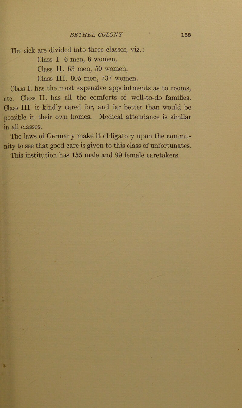 The sick are divided into three classes, viz.: Class I. 6 men, 6 women, Class II. 63 men, 50 women, Class III. 905 men, 737 women. Class I. has the most expensive appointments as to rooms, etc. Class II. has all the comforts of well-to-do families. Class III. is kindly cared for, and far better than would be possible in their own homes. Medical attendance is similar in all classes. The laws of Germany make it obligatory upon the commu- nity to see that good care is given to this class of unfortunates. This institution has 155 male and 99 female caretakers.