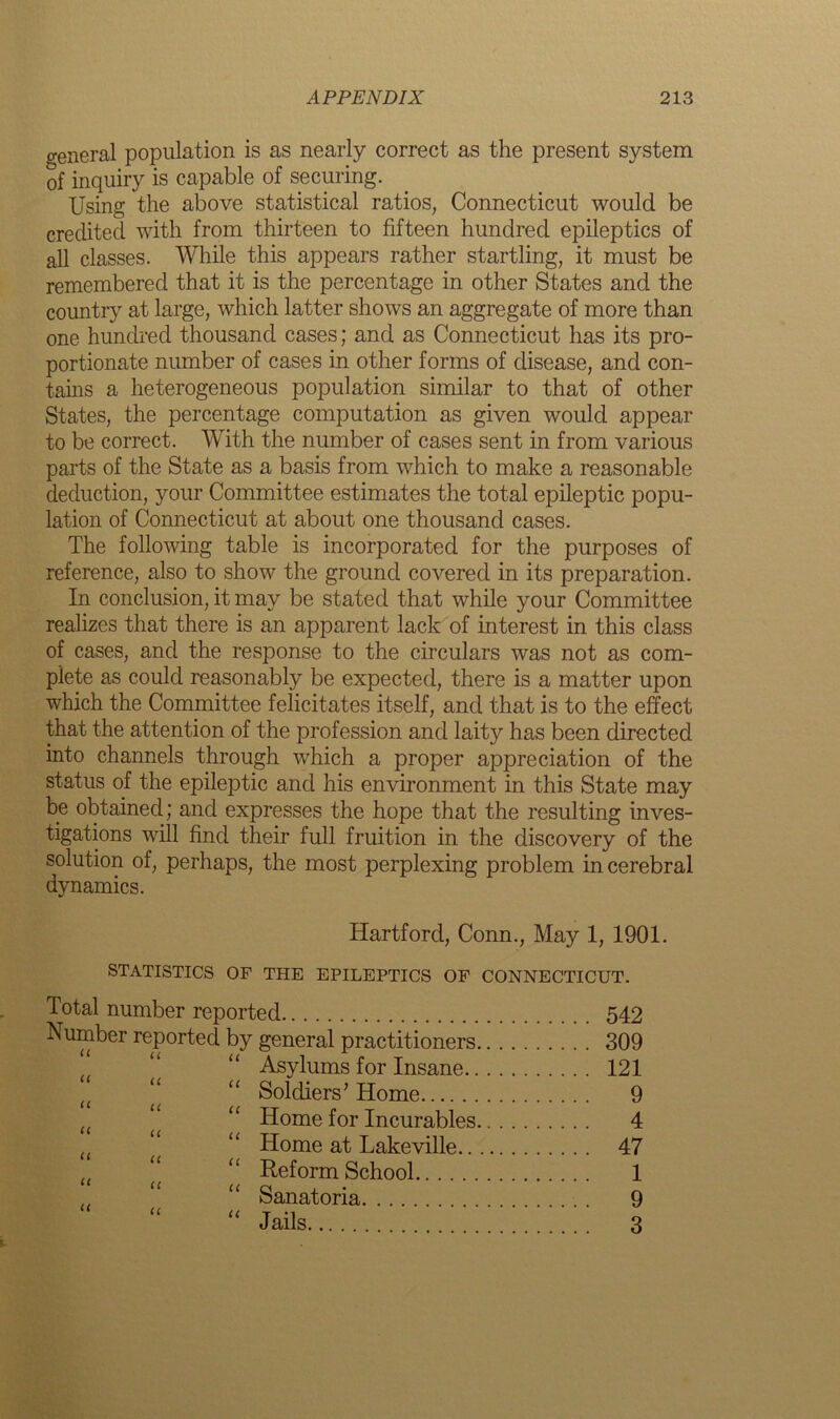 general population is as nearly correct as the present system of inquiry is capable of securing. Using the above statistical ratios, Connecticut would be credited with from thirteen to fifteen hundred epileptics of all classes. While this appears rather startling, it must be remembered that it is the percentage in other States and the country at large, which latter shows an aggregate of more than one hundred thousand cases; and as Connecticut has its pro- portionate nrnnber of cases in other forms of disease, and con- tains a heterogeneous population similar to that of other States, the percentage computation as given would appear to be correct. With the number of cases sent in from various parts of the State as a basis from which to make a reasonable deduction, your Committee estimates the total epileptic popu- lation of Connecticut at about one thousand cases. The following table is incorporated for the purposes of reference, also to show the ground covered in its preparation. In conclusion, it may be stated that while your Committee realizes that there is an apparent lack of interest in this class of cases, and the response to the circulars was not as com- plete as could reasonably be expected, there is a matter upon which the Committee felicitates itself, and that is to the effect that the attention of the profession and laity has been directed into channels through which a proper appreciation of the status of the epileptic and his environment in this State may be obtained; and expresses the hope that the resulting inves- tigations will find their full fruition in the discovery of the solution of, perhaps, the most perplexing problem in cerebral dynamics. Hartford, Conn., May 1, 1901. STATISTICS OF THE EPILEPTICS OF CONNECTICUT. Total number reported 542 Number reported by general practitioners 309 Asylums for Insane 121 u “ “ Soldiers’ Home 9 tt “ “ Home for Incurables 4 t “ “ Home at Lakeville 47 „ “ “ Reform School 1 .. “ Sanatoria . 9 “ “ Jails 3