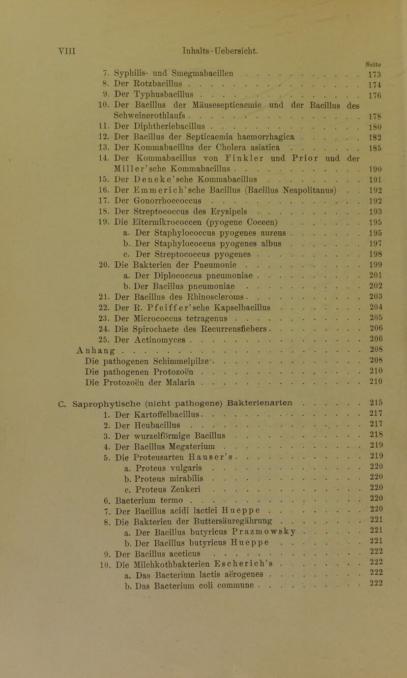 Seite 7. Syphilis- und Smegmabacillen 173 8. Der Eotzbacillus 174 9. Der Typhusbacillus 176 10. Der Bacillus der Mäusesepticacmie und der Bacillus des Schweinerothlaufs 178 11. Der Diphtheriebacillus 180 12. Der Bacillus der Septicaemia haemorrhagica 182 13. Der Kommabacillus der Cholera asiatica 185 14. Der Kommabacillus von Finkler und Prior und der Mil 1er’sehe Kommabacillus 190 15. Der Deneke’sche Kommabacillus 191 16. Der Emmerich’sche Bacillus (Bacillus Neapolitanus) . . 192 17. Der Gonorrhoecoccus 192 18. Der Streptococcus des Erysipels 193 19. Die Eitermikrococcen (pyogene Coccen) 195 a. Der Staphylococcus pyogenes aureus 195 b. Der Staphylococcus pyogenes albus 197 c. Der Streptococcus pyogenes 198 20. Die Bakterien der Pneumonie 199 a. Der Diplococcus pneumoniae 201 b. Der Bacillus pneumoniae 202 21. Der Bacillus des Ehinoscleroms 203 22. Der E. Pfeiffer’sche Kapselbacillus 204 23. Der Micrococcus tetragenus 205 24. Die Spirochaete des Eecurrensfiebers 206 25. Der Actinomyces 206 Anhang 208 Die pathogenen Schimmelpilze 208 Die pathogenen Protozoen ....210 Die Protozoen der Malaria 210 C. Saprophytische (nicht pathogene) Bakterienarten 215 1. Der Kartoffelbacillus 217 2. Der Heubacillus • • • 217 3. Der wurzelförmige Bacillus 218 4. Der Bacillus Megaterlum 219 5. Die Proteusarten Hauser’s 219 a. Proteus vidgaris 220 b. Proteus mirabilis 220 c. Proteus Zenkeri 220 6. Bacterium termo 220 7. Der Bacillus acidi lactici Hneppe 220 8. Die Bakterien der Buttersäuregährung ........ 221 a. Der Bacillus butyricus Prazmowsky 221 b. Der Bacillus butyricus Hueppe 221 9. Der Bacillus aceticus 222 10. Die Milchkothbakterien Escherich’s 222 a. Das Bacterium lactis aerogenes 222 b. Das Bacterium coli commune • • 222