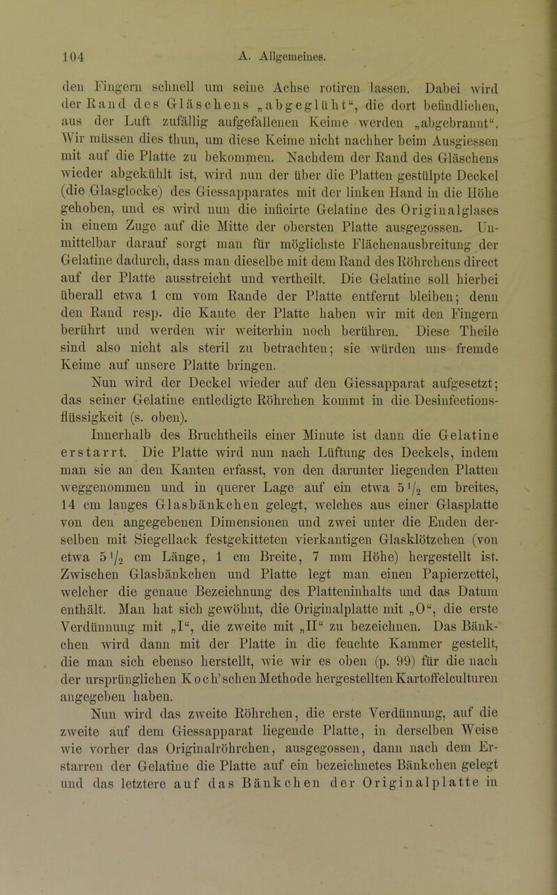 den riiigeni schnell um seine Achse votiren lassen. Dahei wird der Rand des Gläschens „abgeglüht“, die dort befindlichen, aus der Luft zufällig aufgefallenen Keime werden „abgebrannt“. ^^ ir müssen dies thun, um diese Keime nicht nachher beim Ausgiessen mit auf die Platte zu bekommen. Nachdem der Rand des Gläschens wieder ahgekühlt ist, wird nun der über die Platten gestülpte Deckel (die Glasglocke) des Giessapparates mit der linken Hand in die Höhe gehoben, und es wird nun die inficirte Gelatine des Originalglases in einem Zuge auf die Mitte der obersten Platte ausgegossen. Un- mittelbar darauf sorgt man für möglichste Flächenausbreitung der Gelatine dadurch, dass man dieselbe mit dem Rand des Röhrchens direct auf der Platte ausstreicht und vertheilt. Die Gelatine soll hierbei überall etwa 1 cm vom Rande der Platte entfernt bleiben; denn den Rand resp. die Kaute der Platte haben wir mit den Fingern berührt und werden wir weiterhin noch berühren. Diese Theile sind also nicht als steril zu betrachten; sie würden uns fremde Keime auf unsere Platte bringen. Nun wird der Deckel wieder auf den Giessapparat aufgesetzt; das seiner Gelatine entledigte Röhrchen kommt in die Desinfectious- flüssigkeit (s. oben). Innerhalb des Bruchtheils einer Minute ist daun die Gelatine erstarrt. Die Platte wird nun nach Lüftung des Deckels, indem man sie an den Kanten erfasst, von den darunter liegenden Platten weggenommeu und in querer Lage auf ein etwa 51/2 cm breites, 14 cm langes Glasbänkchen gelegt, welches aus einer Glasplatte von den angegebenen Dimensionen und zwei unter die Enden der- selben mit Siegellack festgekitteten vierkantigen Glasklötzchen (von etwa 5>/.2 cm Länge, 1 cm Breite, 7 mm Höhe) hergestellt ist. Zwischen Glasbänkchen und Platte legt man einen Papierzettel, welcher die genaue Bezeichnung des Platteninhalts und das Datum enthält. Mau hat sich gewöhnt, die Originalplatte mit „0“, die erste Verdünnung mit „I“, die zweite mit „II“ zu bezeichnen. Das Bänk- chen Avird dann mit der Platte in die feuchte Kammer gestellt, die man sich ebenso herstellt, Avie wir es oben (p. 99) für die nach der ursprünglichen Koch’sehen Methode hergestellten Kartoffelculturen angegeben haben. Nun Avird das ZAveite Röhrchen, die erste Verdünnung, auf die zAveite auf dem Giessapparat liegende Platte, in derselben Weise Avie vorher das Originalröhrchen, ausgegossen, dann nach dem Er- starren der Gelatine die Platte auf ein bezeichnetes Bänkchen gelegt