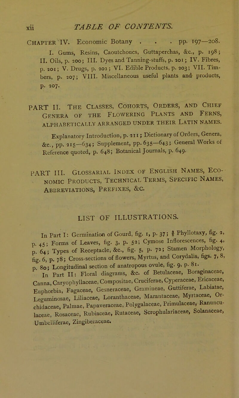 Xll Chapter IV. Economic Botany . . . pp. *97—2°8. I. Gums, Resins, Caoutchoucs, Guttaperchas, &c., p. 198; II. Oils, p. 200; III. Dyes and Tanning-stuffs, p. 201; IV. Fibres, p. 201; V. Drugs, p. 202 ; VI. Edible Products, p. 203; VII. Tim- bers, p. 207; VIII. Miscellaneous useful plants and products, p. 207. PART II. The Classes, Cohorts, Orders, and Chief Genera of the Flowering Plants and Ferns, alphabetically arranged under their Latin names. Explanatory Introduction, p. 211; Dictionary of Orders, Genera, &c., pp. 215—634; Supplement, pp. 635—643; General Works of Reference quoted, p. 648; Botanical Journals, p. 649. PART III. Glossarial Index of English Names, Eco- nomic Products, Technical Terms, Specific Names, Abbreviations, Prefixes, &c. LIST OF ILLUSTRATIONS. In Part I: Germination of Gourd, fig. 1, p. 37 5 t Phyllotaxy, fig. 2, p. 45; Forms of Leaves, fig. 3. P- 5*1 Cymose Inflorescences, fig. 4. p. 64; Types of Receptacle, &c., fig. 5. P- 7*5 Stamen Morphology, fig- 6, p. 78; Cross-sections of flowers, Myrtus, and Corydalis, figs. 7, 8, p. 80; Longitudinal section of anatropous ovule, fig. 9, p. 81. In Part II: Floral diagrams, &c. of Betulaceae, Boraginaceae, Canna, Caryophyllaceae, Compositae, Cruciferae, Cyperaceae, Ericaceae, Euphorbia, Fagaceae, Gesneraceae, Gramineae, Guttiferae, Labiatae, Leguminosae, Liliaceae, Loranthaceae, Marantaceae, Myrtaceae, Or- chidaceae, Palmae, Papaveraceae, Polygalaceae, Pnmulaceae, Ranuncu- laceae, Rosaceae, Rubiaceae, Rutaceac, Scrophulariaceae, Solanaceae, Umbclliferae, Zingiberaceae.